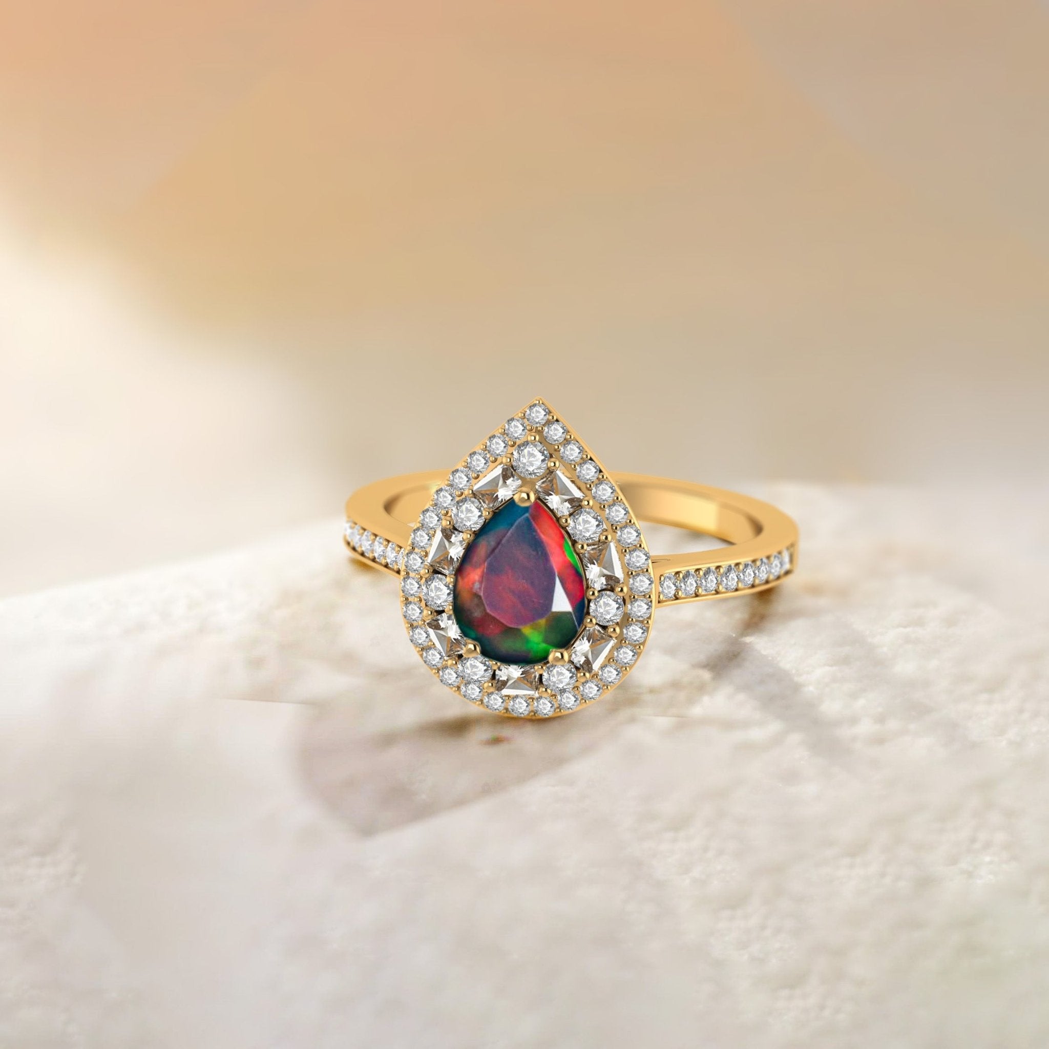 Pear Shape Natural Black Opal Statement Halo Ring - Goodstone Jewels