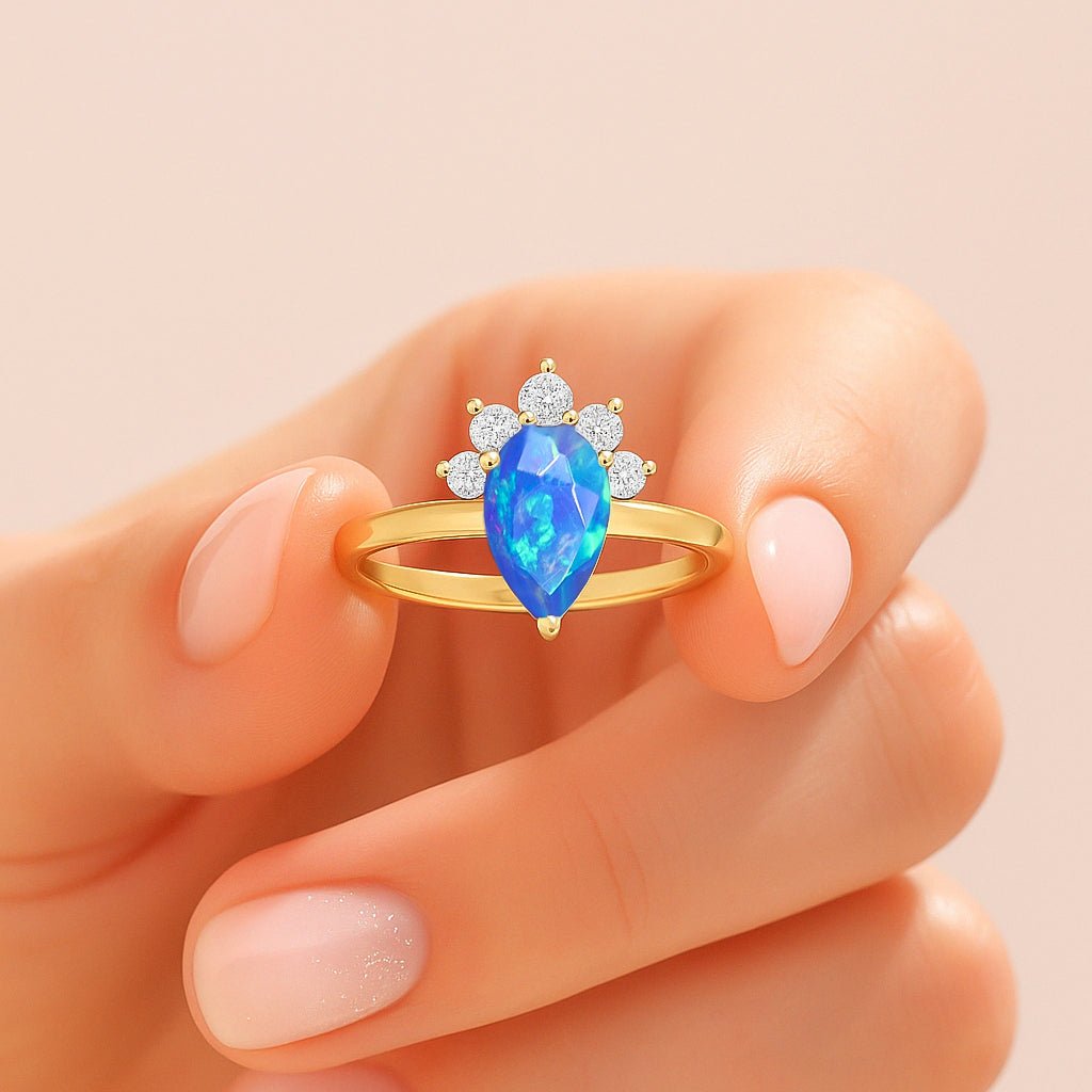 Pear Shape Natural Blue Opal and White Zircon Floral Ring - Goodstone Jewels
