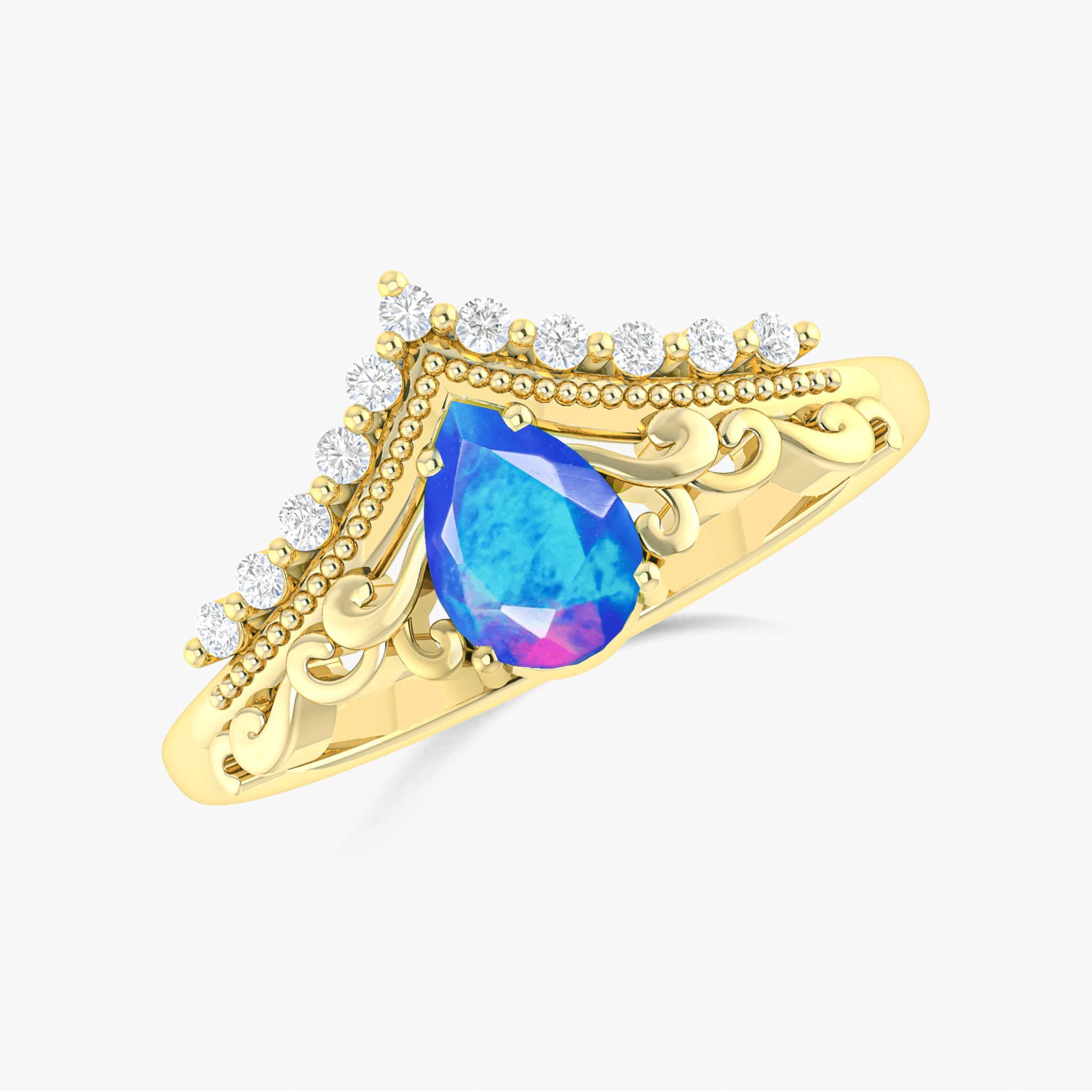 Pear Shape Natural Blue Opal Crown Style Wishbone Ring - Goodstone Jewels
