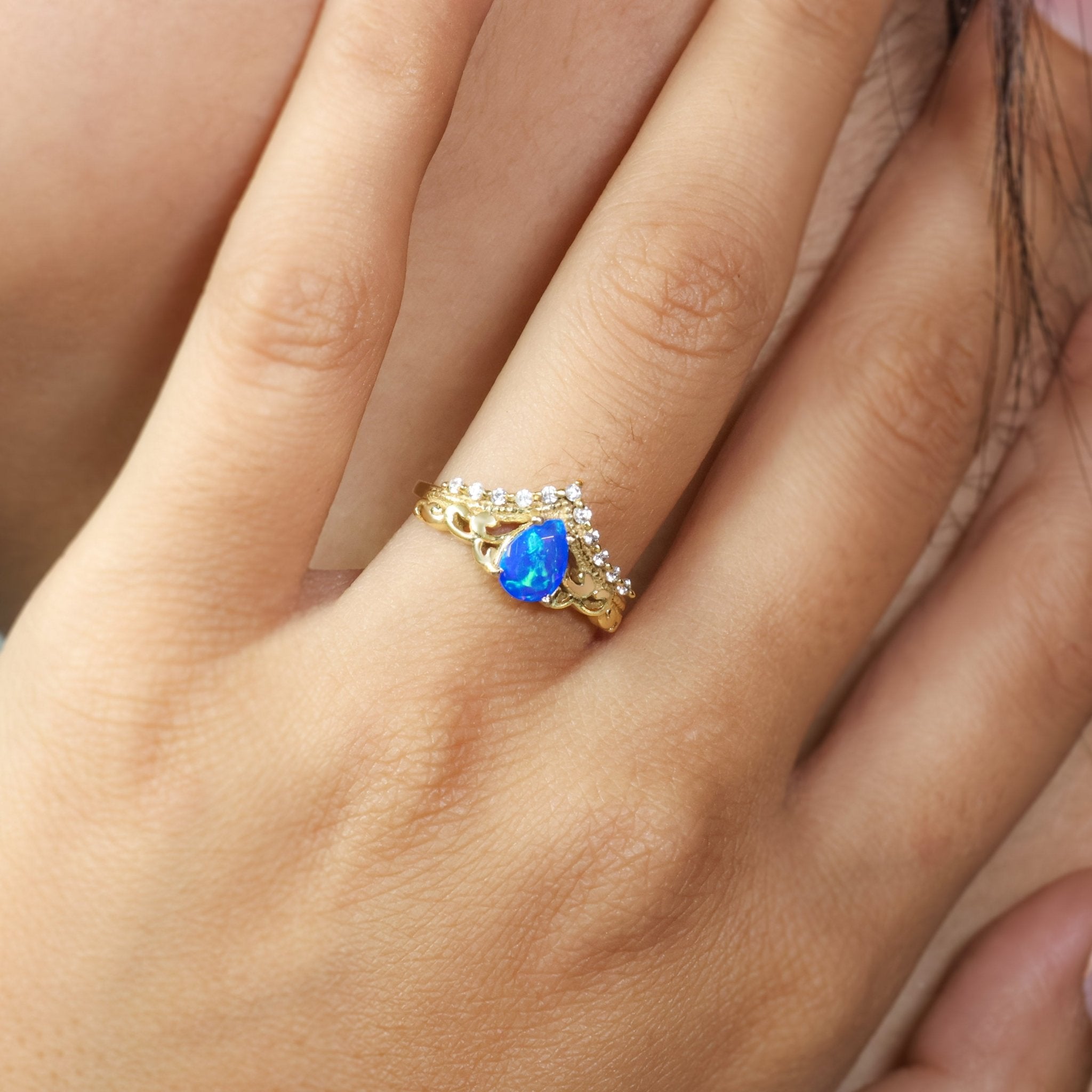 Pear Shape Natural Blue Opal Crown Style Wishbone Ring - Goodstone Jewels