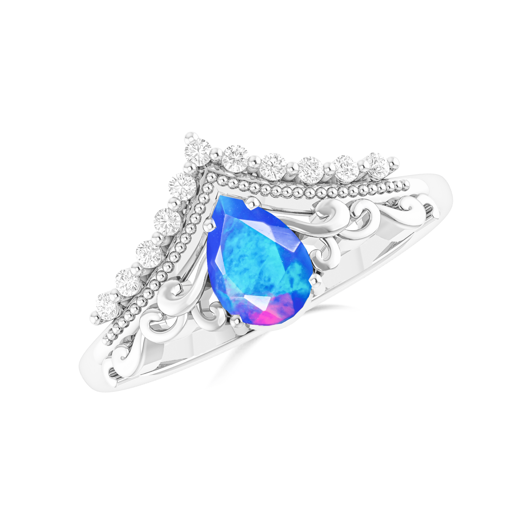 Pear Shape Natural Blue Opal Crown Style Wishbone Ring - Goodstone Jewels