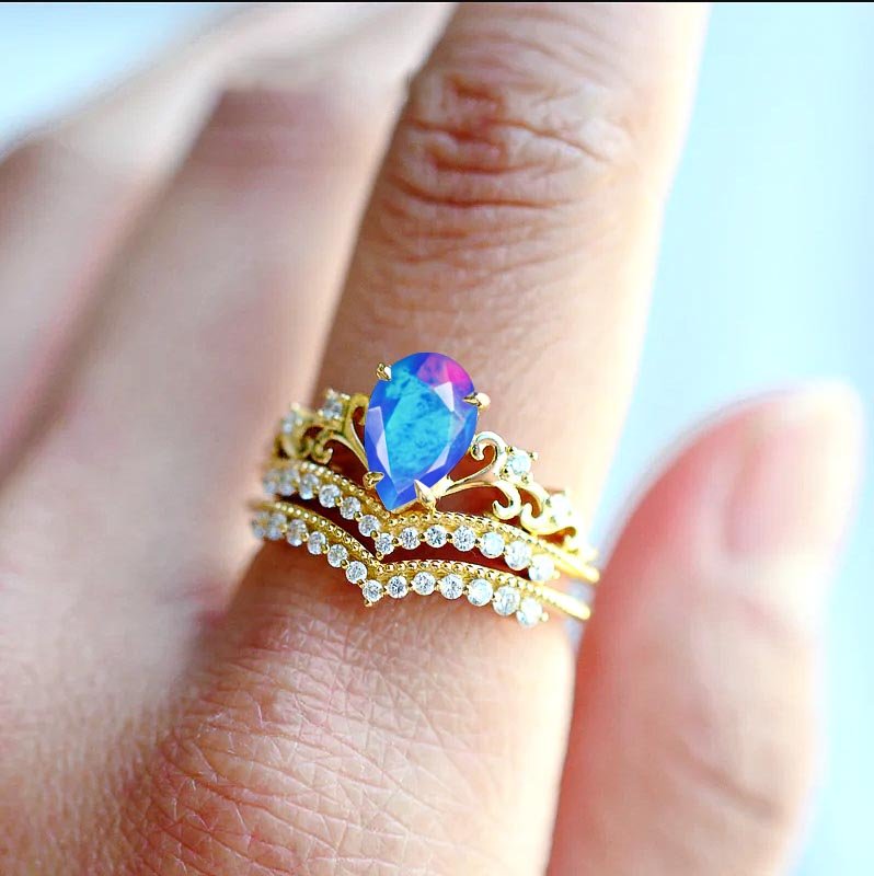 Pear Shape Natural Blue Opal Crown Style Wishbone Ring - Goodstone Jewels