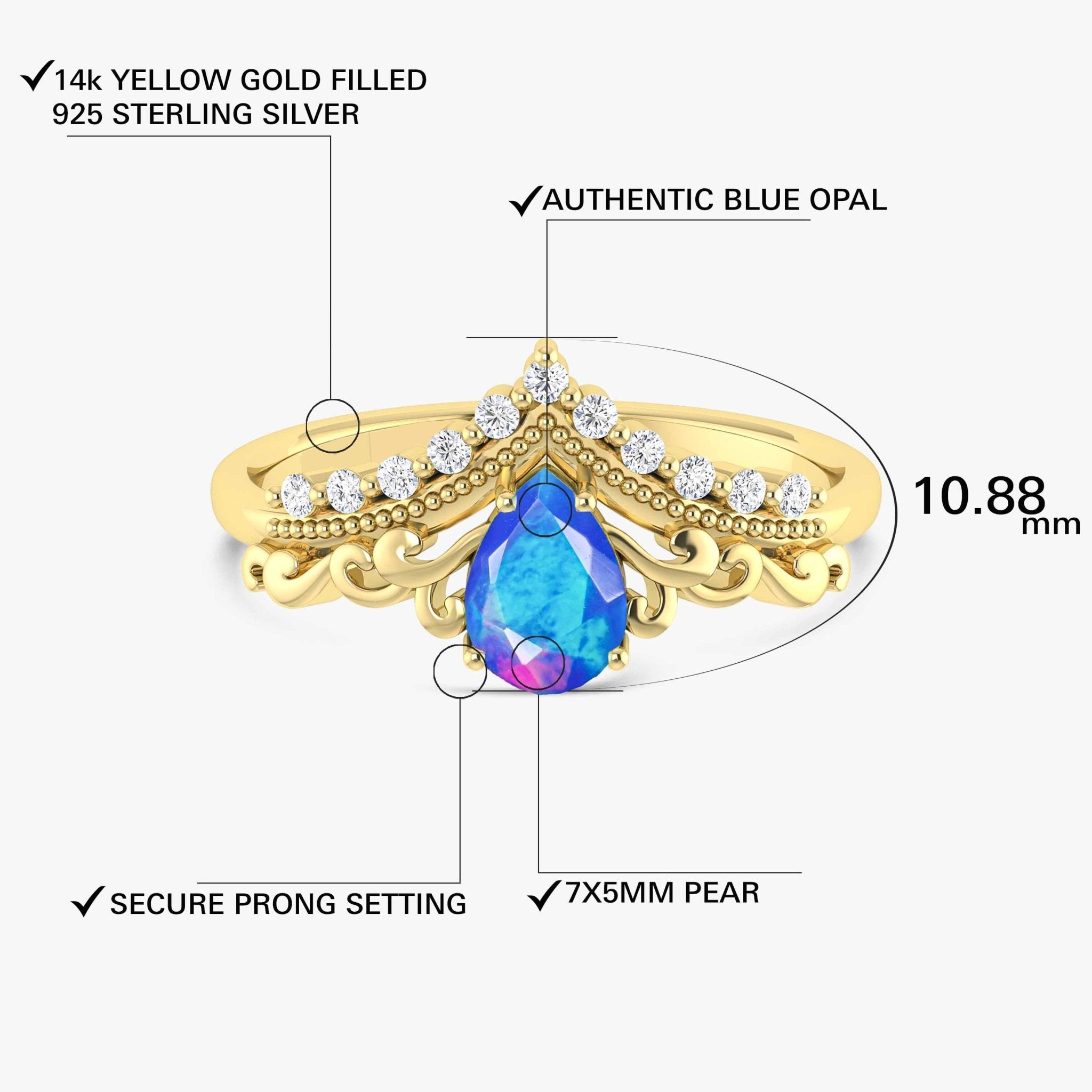 Pear Shape Natural Blue Opal Crown Style Wishbone Ring - Goodstone Jewels