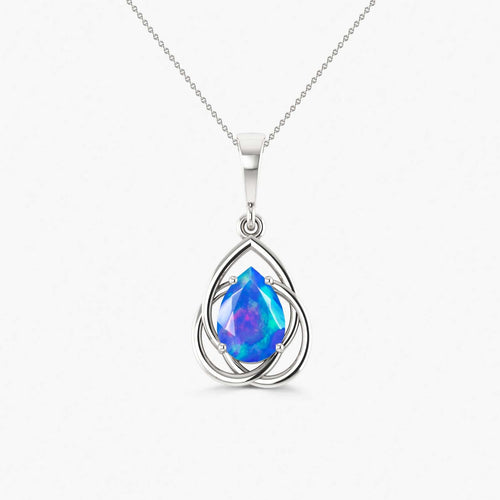 Pear Shape Natural Blue Opal Solitaire Pendant Chain Necklace