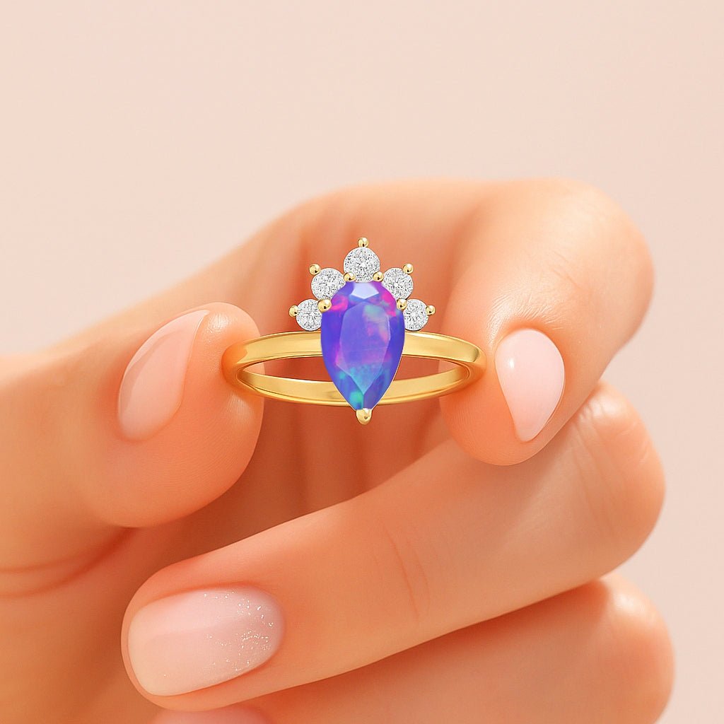Pear Shape Natural Lavender Opal and White Zircon Floral Ring - Goodstone Jewels