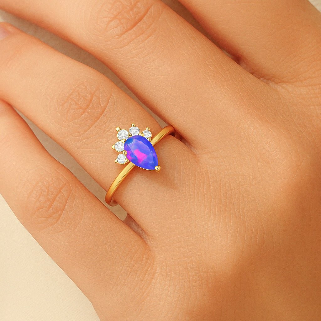 Pear Shape Natural Lavender Opal and White Zircon Floral Ring - Goodstone Jewels