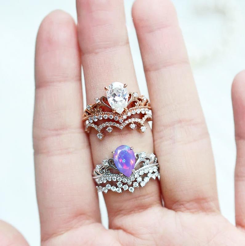 Pear Shape Natural Lavender Opal Crown Style Wishbone Ring - Goodstone Jewels
