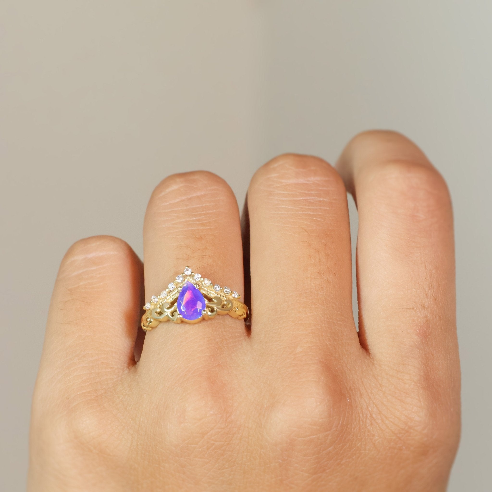Pear Shape Natural Lavender Opal Crown Style Wishbone Ring - Goodstone Jewels