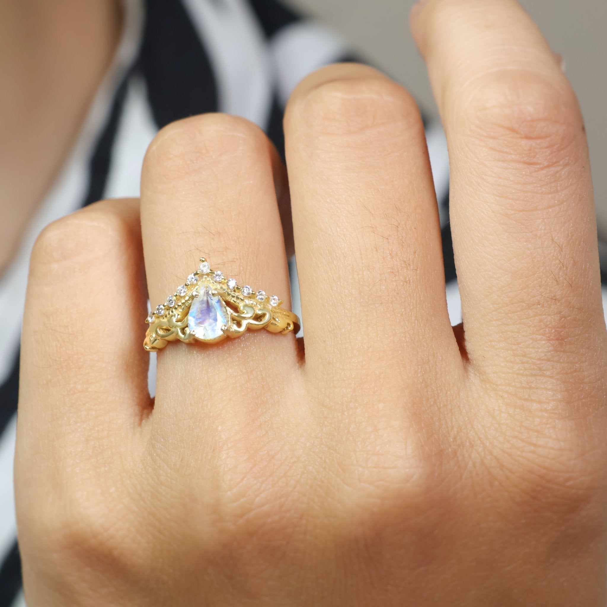 Pear Shape Natural Moonstone Crown Style Wishbone Ring - Goodstone Jewels