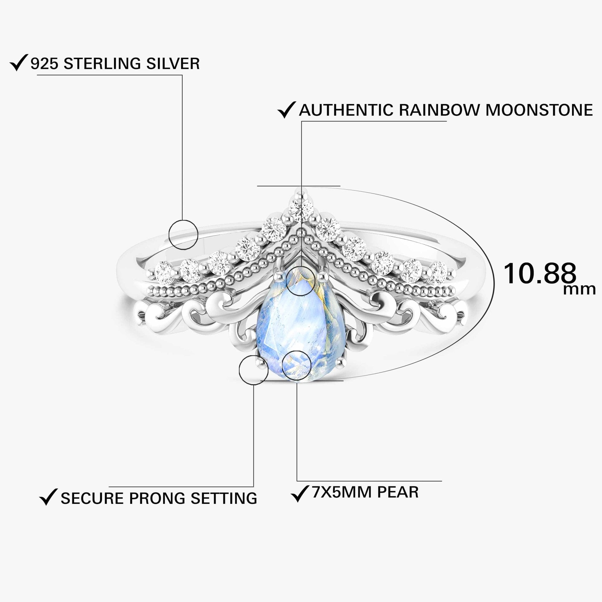 Pear Shape Natural Moonstone Crown Style Wishbone Ring - Goodstone Jewels