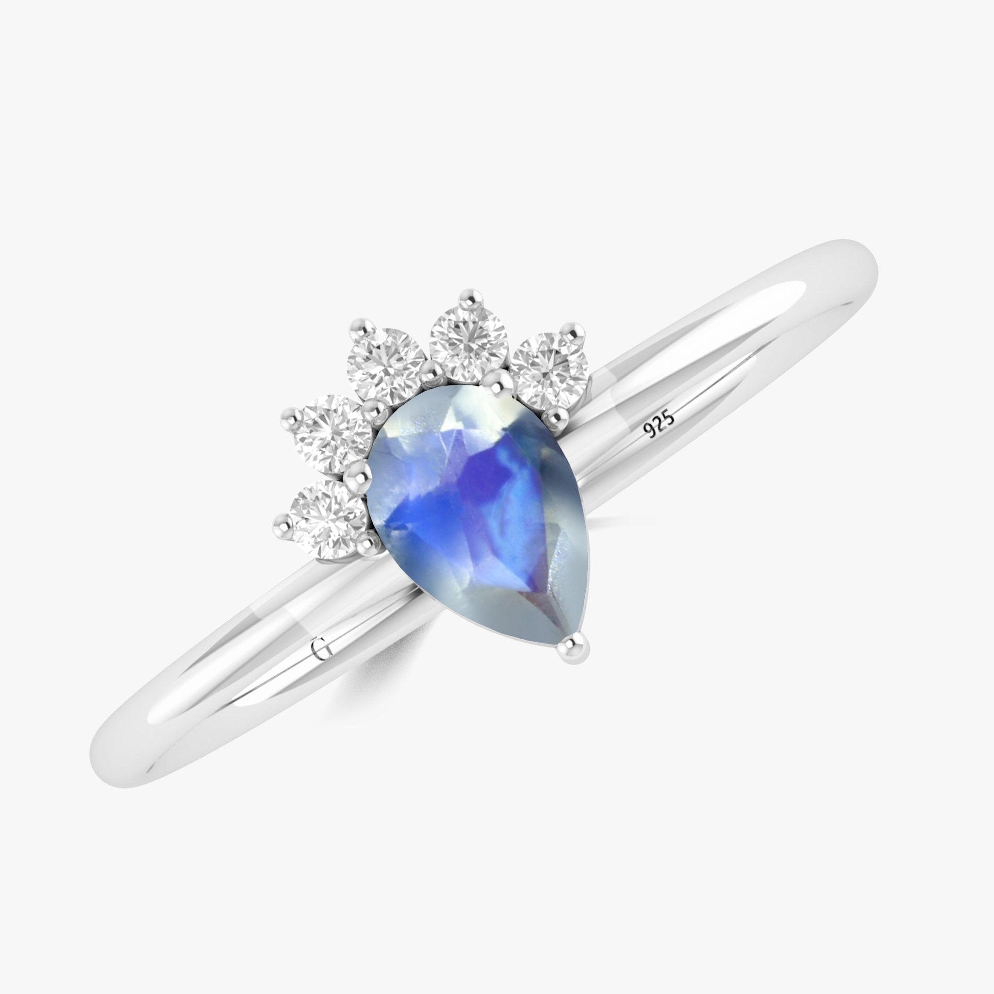 Pear Shape Natural Moonstone Opal and White Zircon Floral Ring - Goodstone Jewels
