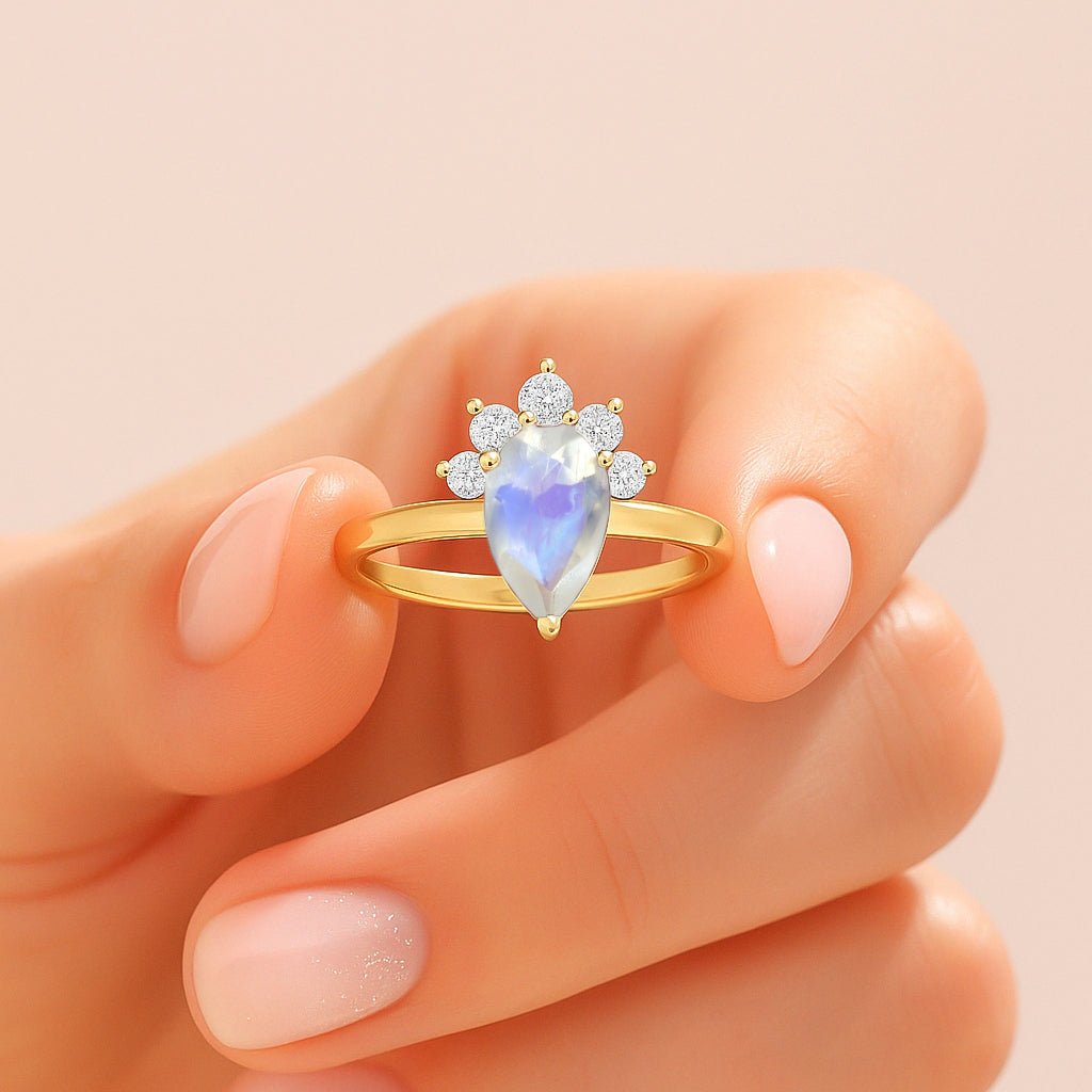 Pear Shape Natural Moonstone Opal and White Zircon Floral Ring - Goodstone Jewels