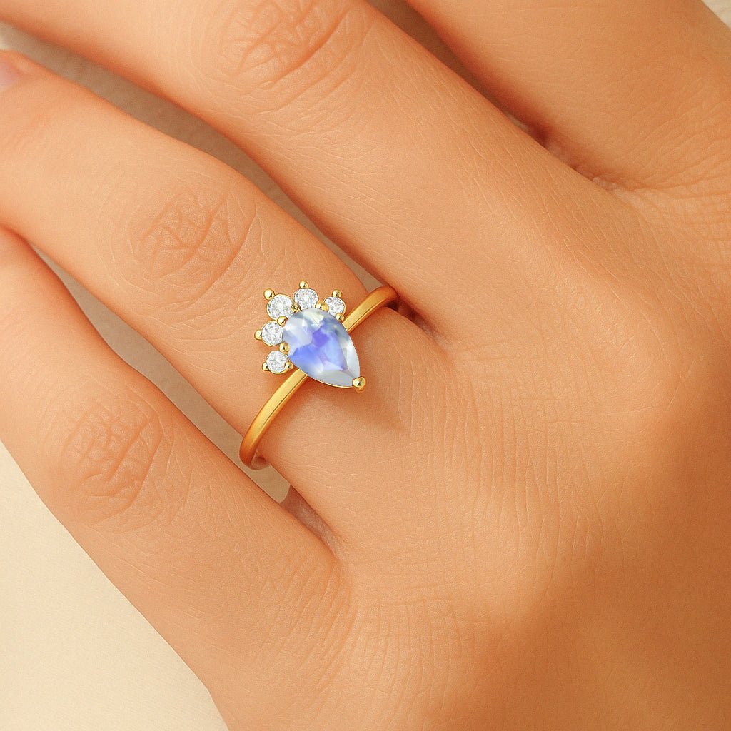 Pear Shape Natural Moonstone Opal and White Zircon Floral Ring - Goodstone Jewels
