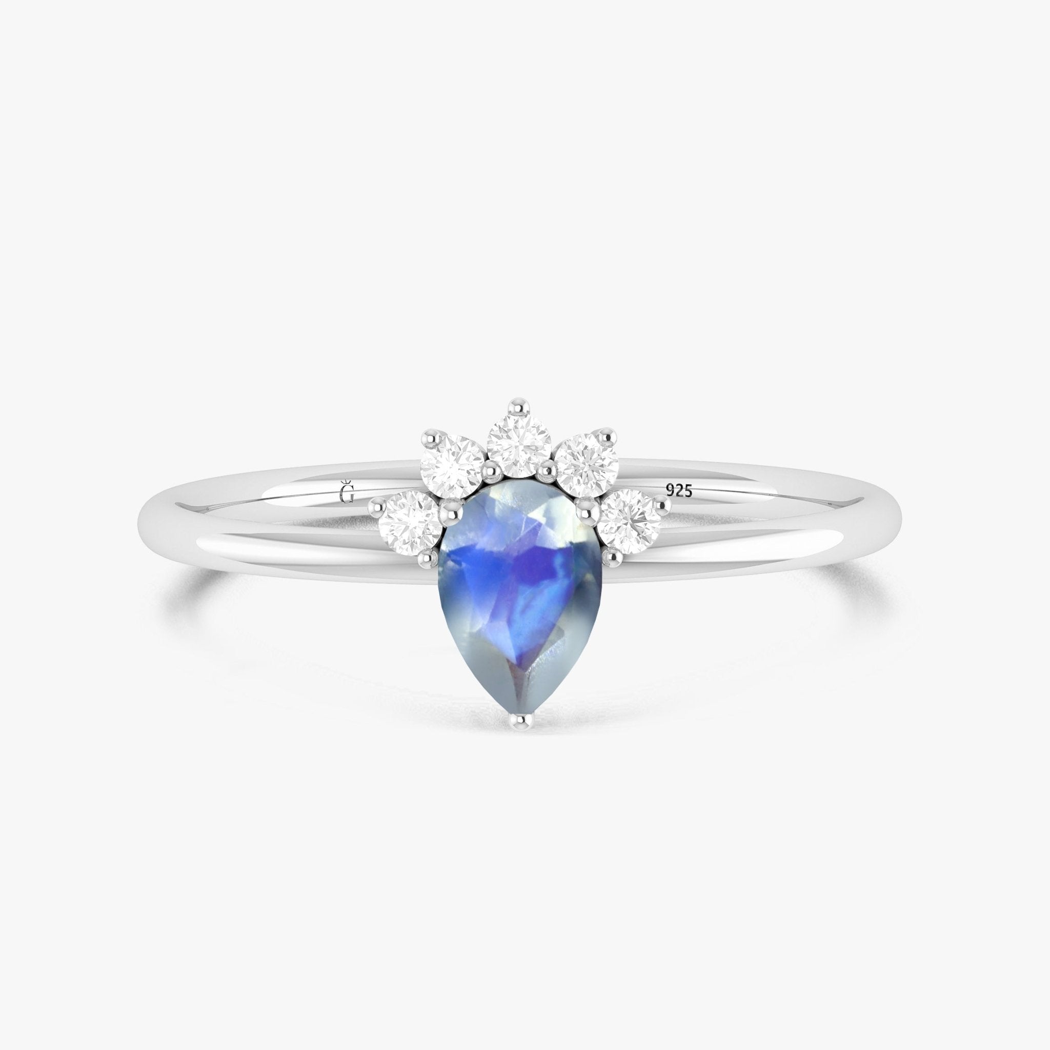 Pear Shape Natural Moonstone Opal and White Zircon Floral Ring - Goodstone Jewels
