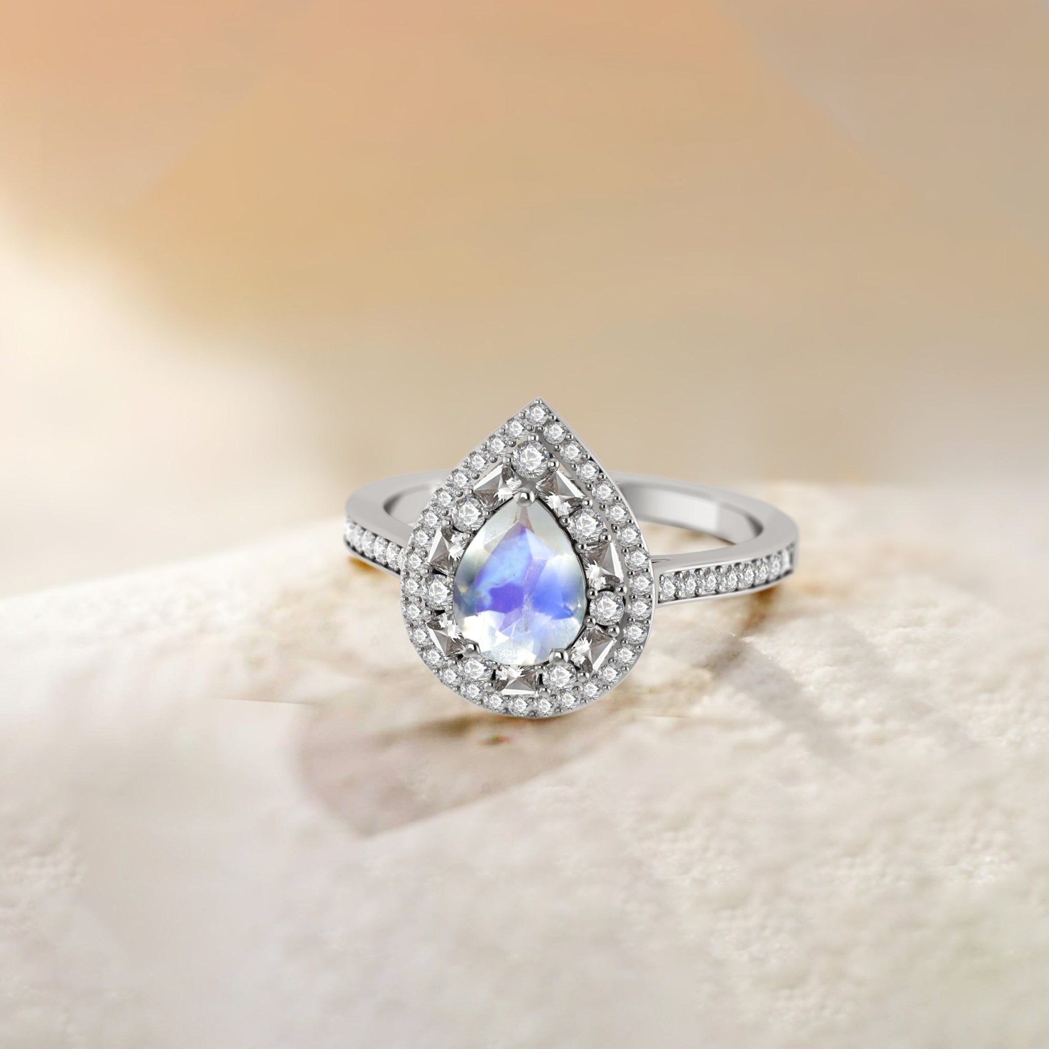 Pear Shape Natural Moonstone Statement Halo Ring - Goodstone Jewels