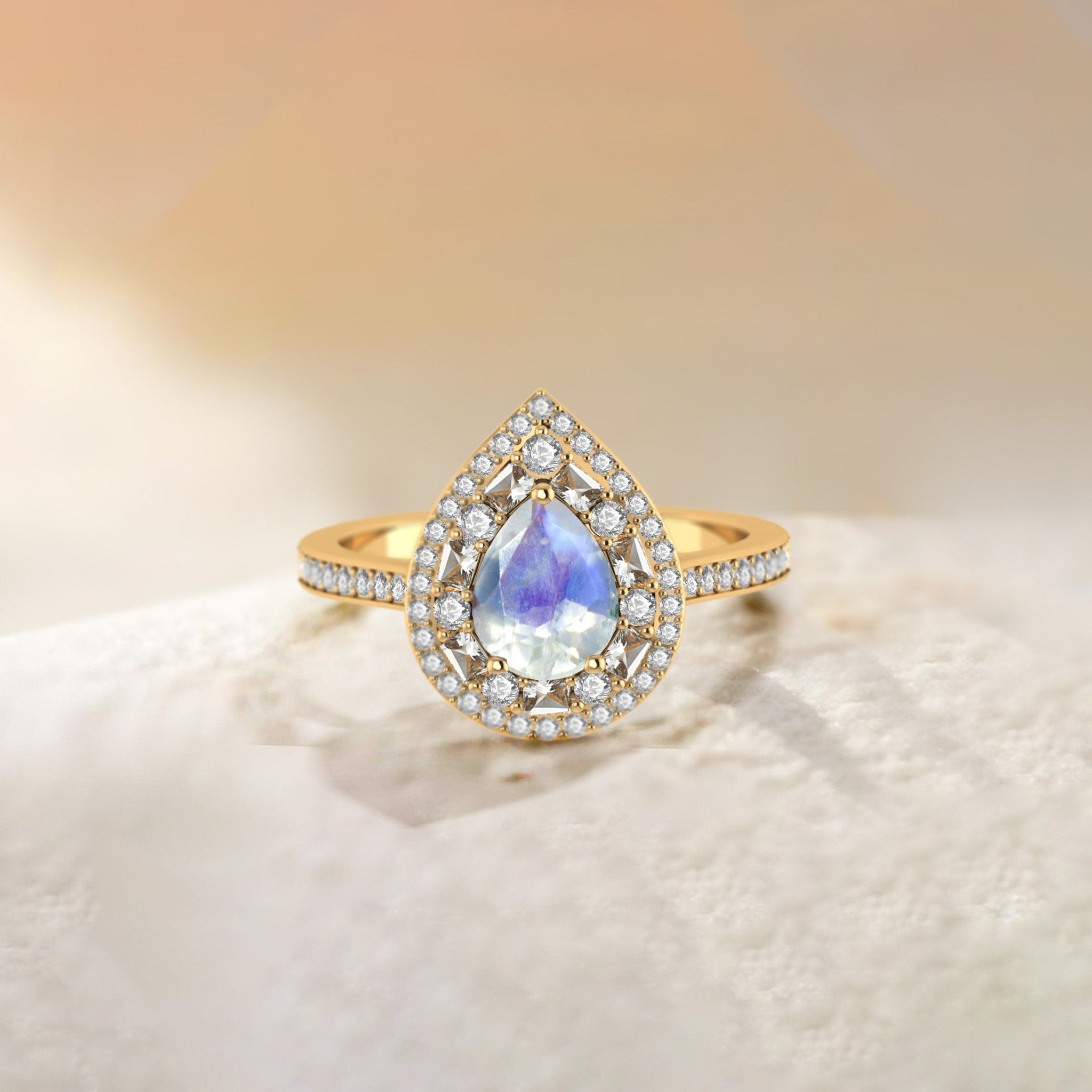 Pear Shape Natural Moonstone Statement Halo Ring - Goodstone Jewels