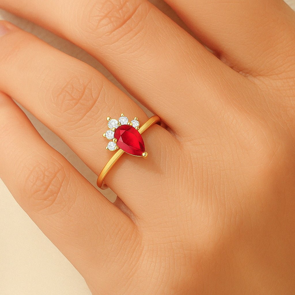 Pear Shape Natural Ruby and White Zircon Floral Ring - Goodstone Jewels