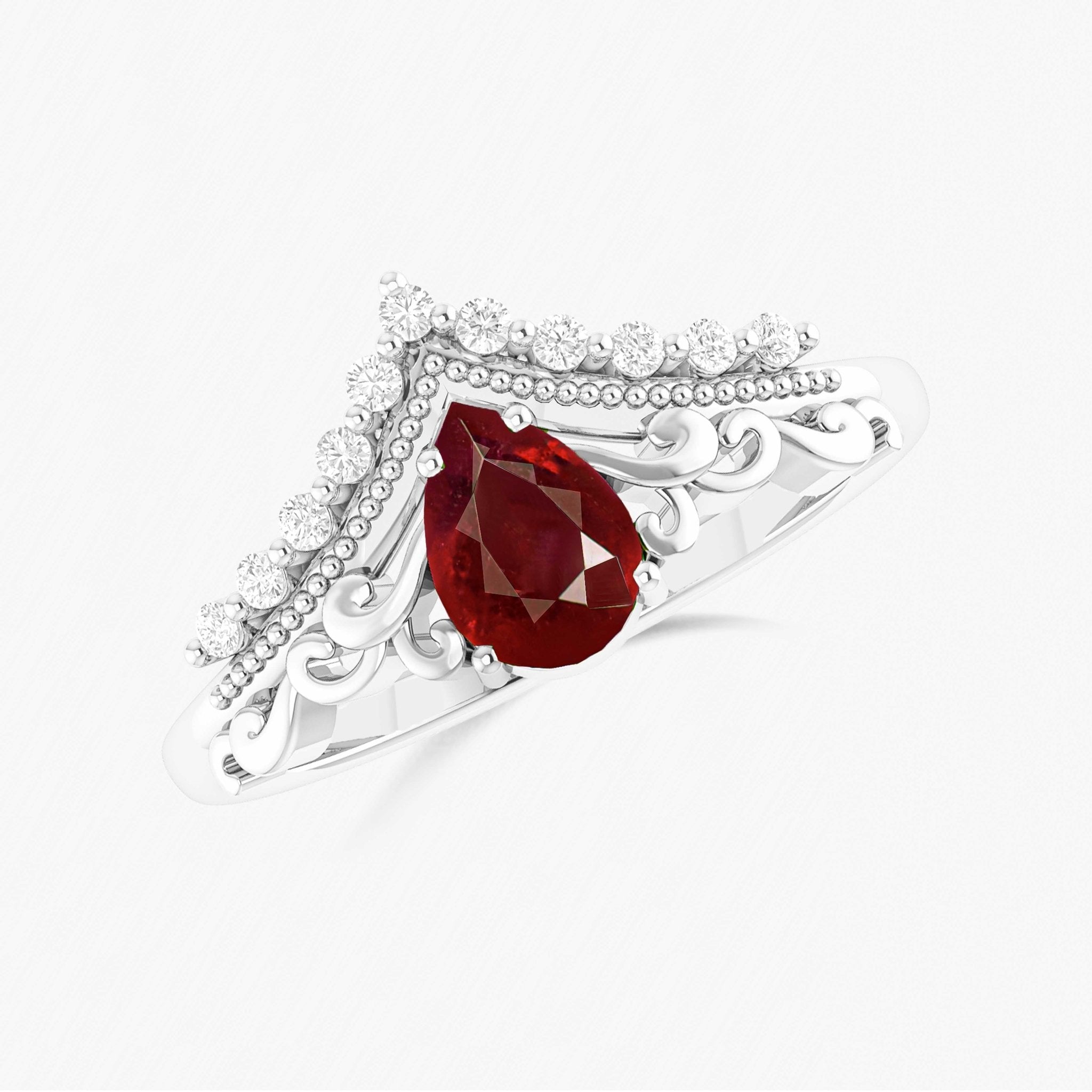 Pear Shape Natural Ruby Crown Style Wishbone Ring - Goodstone Jewels