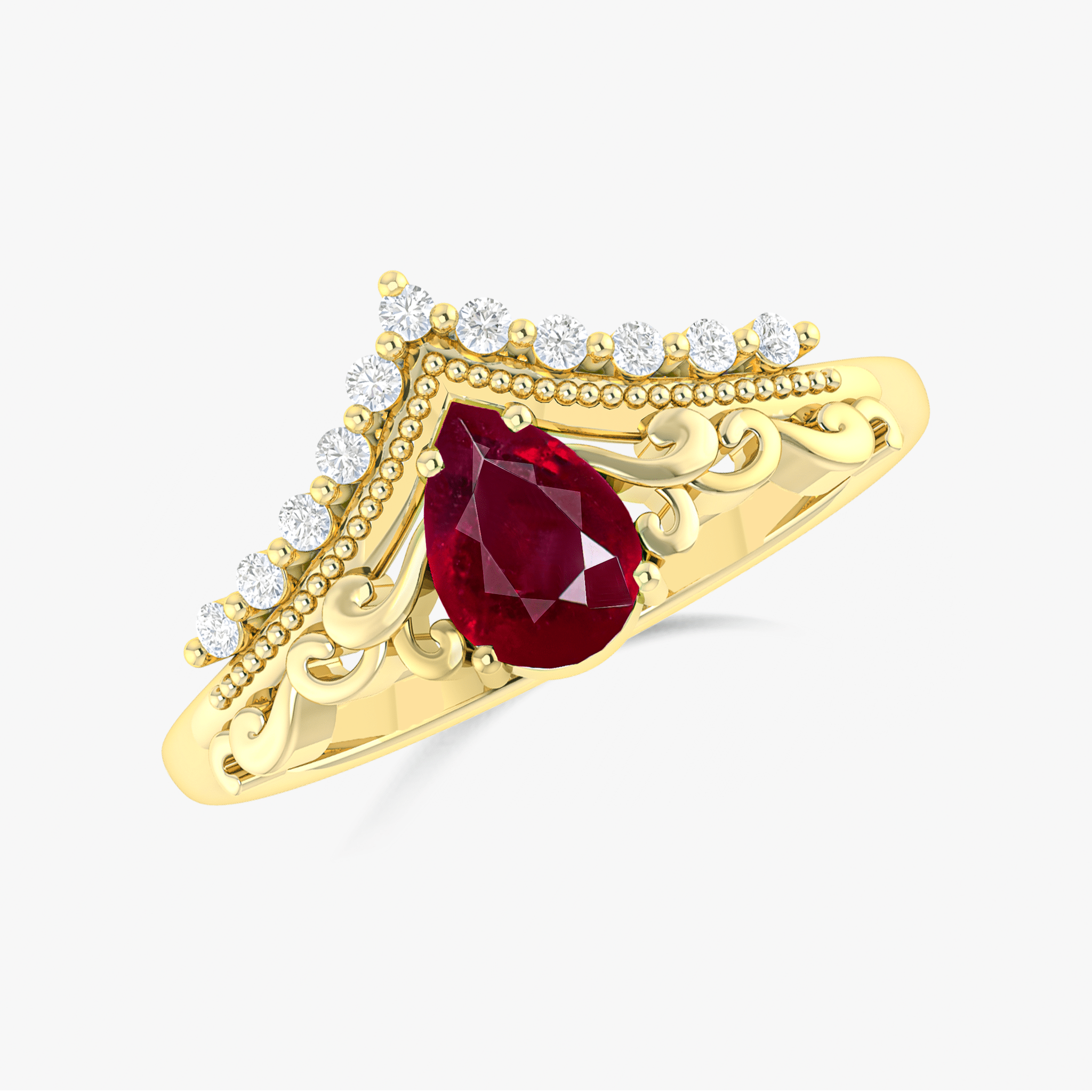 Pear Shape Natural Ruby Crown Style Wishbone Ring - Goodstone Jewels