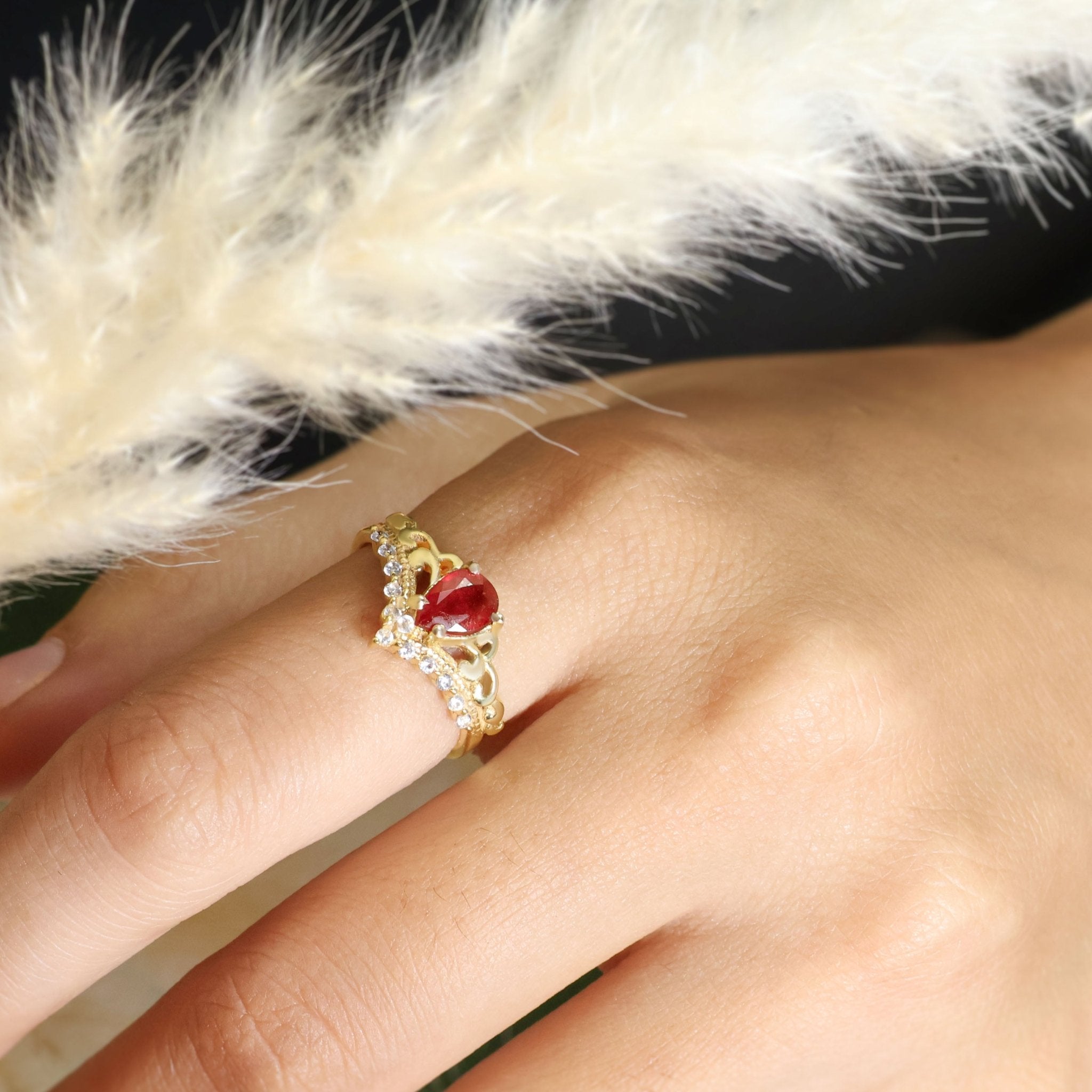 Pear Shape Natural Ruby Crown Style Wishbone Ring - Goodstone Jewels