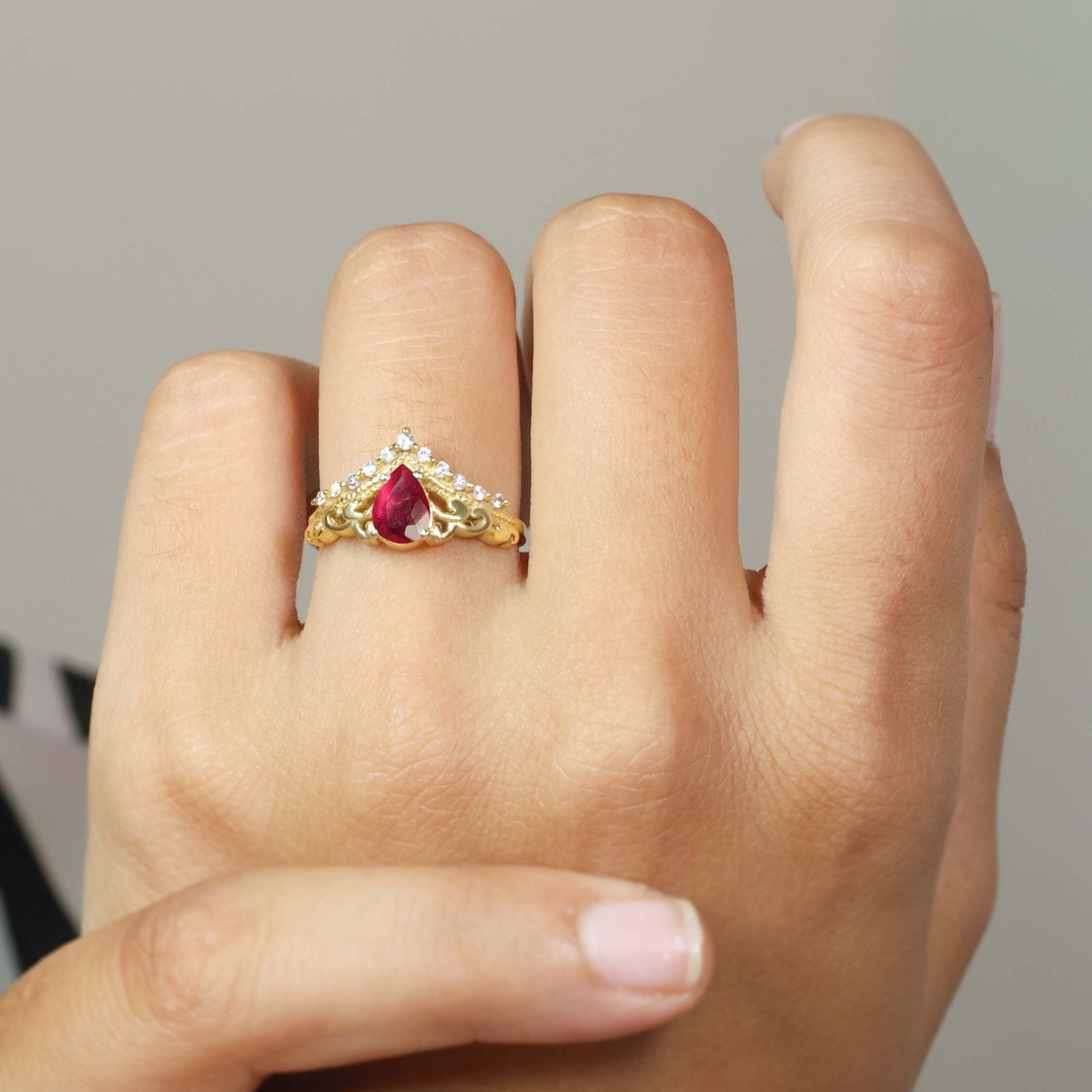 Pear Shape Natural Ruby Crown Style Wishbone Ring - Goodstone Jewels