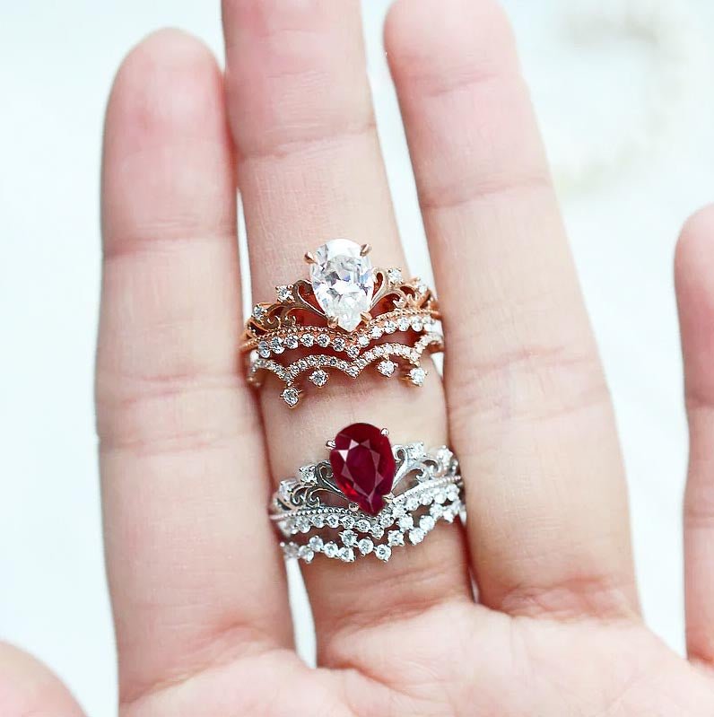 Pear Shape Natural Ruby Crown Style Wishbone Ring - Goodstone Jewels