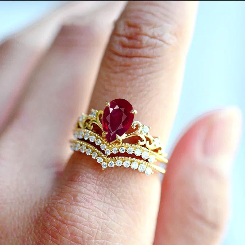 Pear Shape Natural Ruby Crown Style Wishbone Ring - Goodstone Jewels
