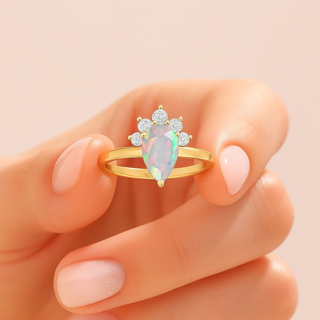 Pear Shape Natural White Opal and Zircon Floral Ring - Goodstone Jewels