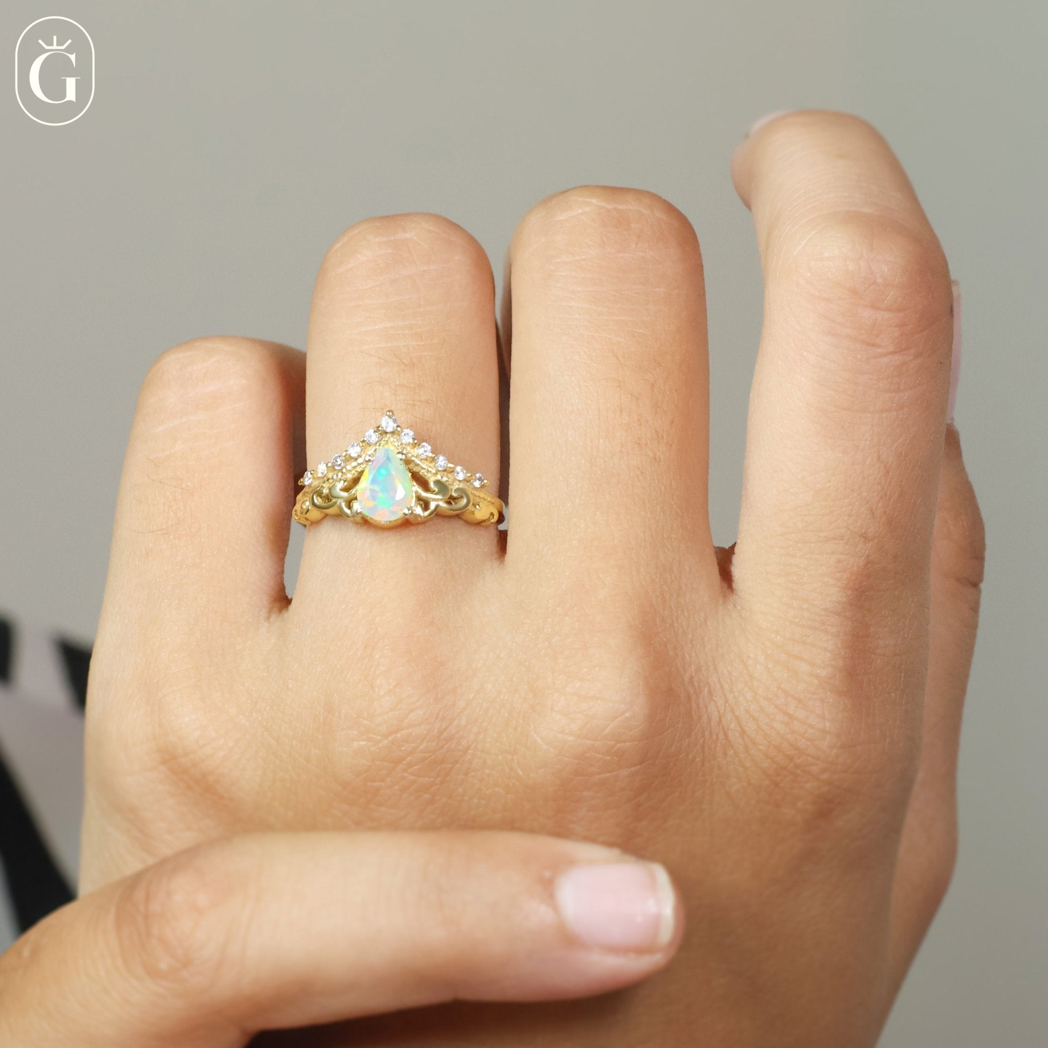 Pear Shape Natural White Opal Crown Style Wishbone Ring - Goodstone Jewels