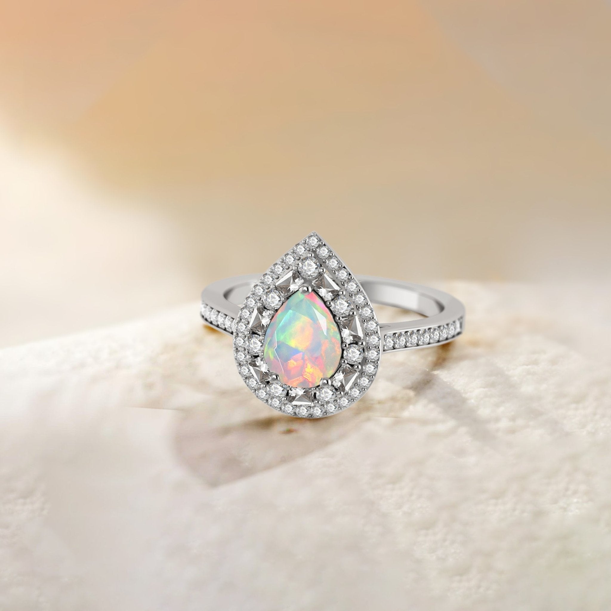 Pear Shape Natural White Opal Statement Halo Ring - Goodstone Jewels