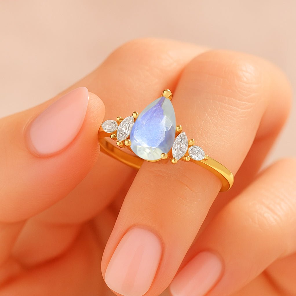 Pear Shape Rainbow Moonstone Solitaire Ring with Cubic Zironia - Goodstone Jewels