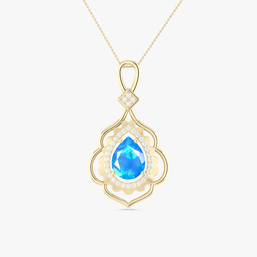 Pear Stone Natural Blue Opal Charm Halo Pendant Necklace