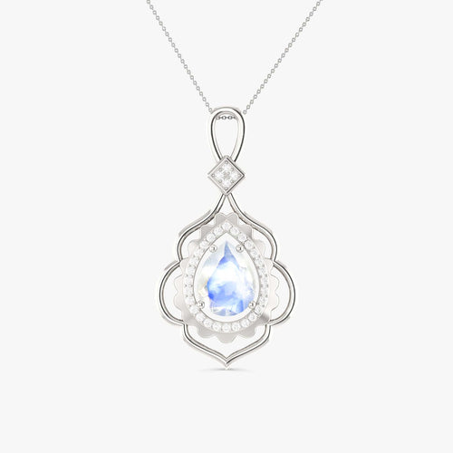 Pear Stone Natural Moonstone Charm Halo Pendant Necklace