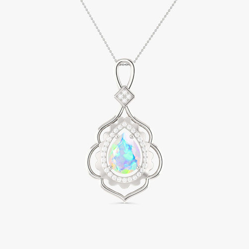 Pear Stone Natural White Opal Charm Halo Pendant Necklace