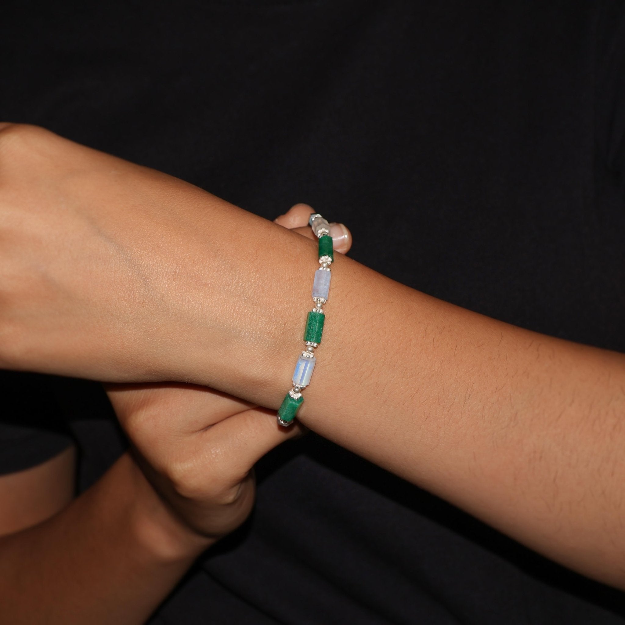 PENCIL HEXAGON Natural Emerald & Moonstone Bracelet - Goodstone Jewels
