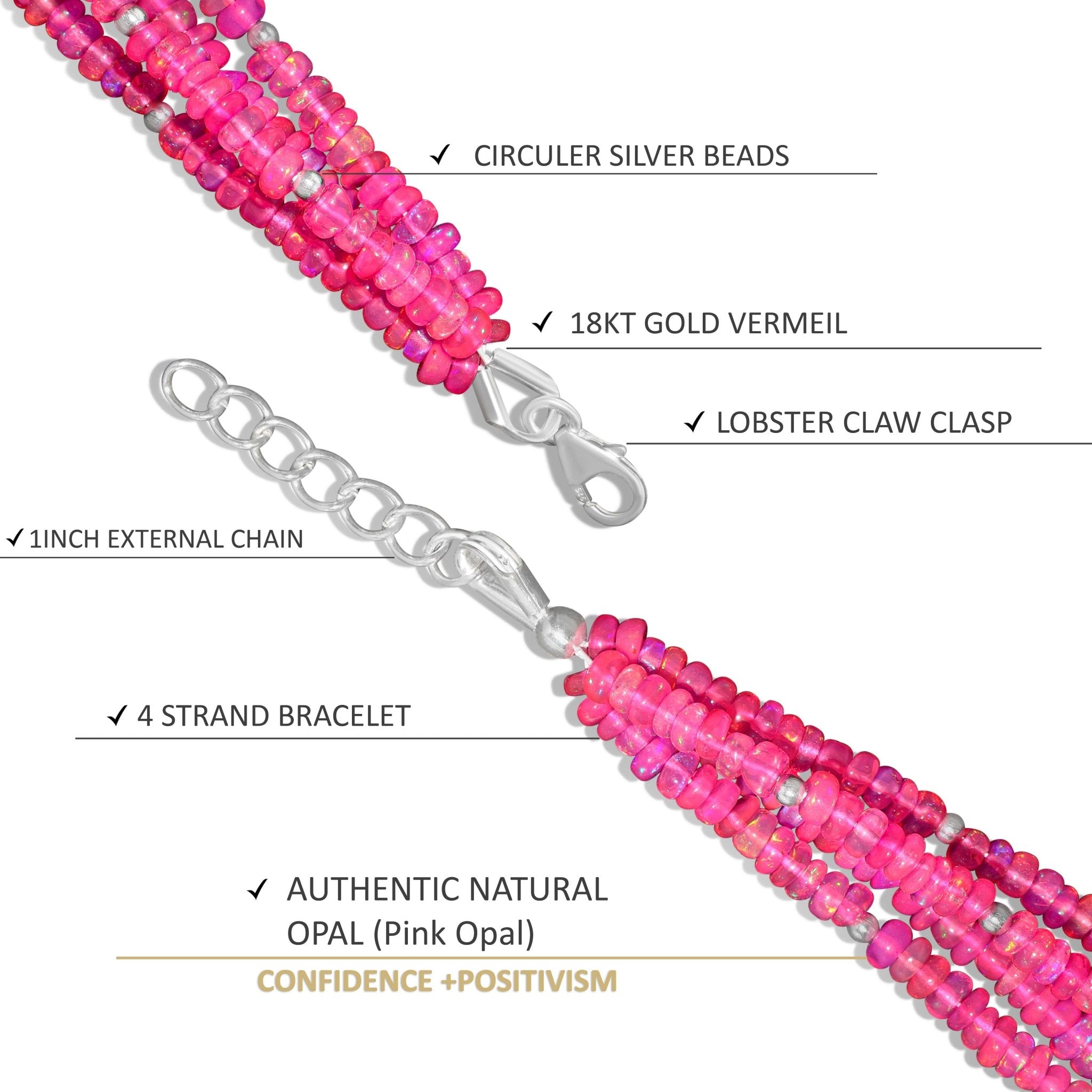 Pink Opal Beads Four Strand Handmade Bracelet - Goodstone Jewels