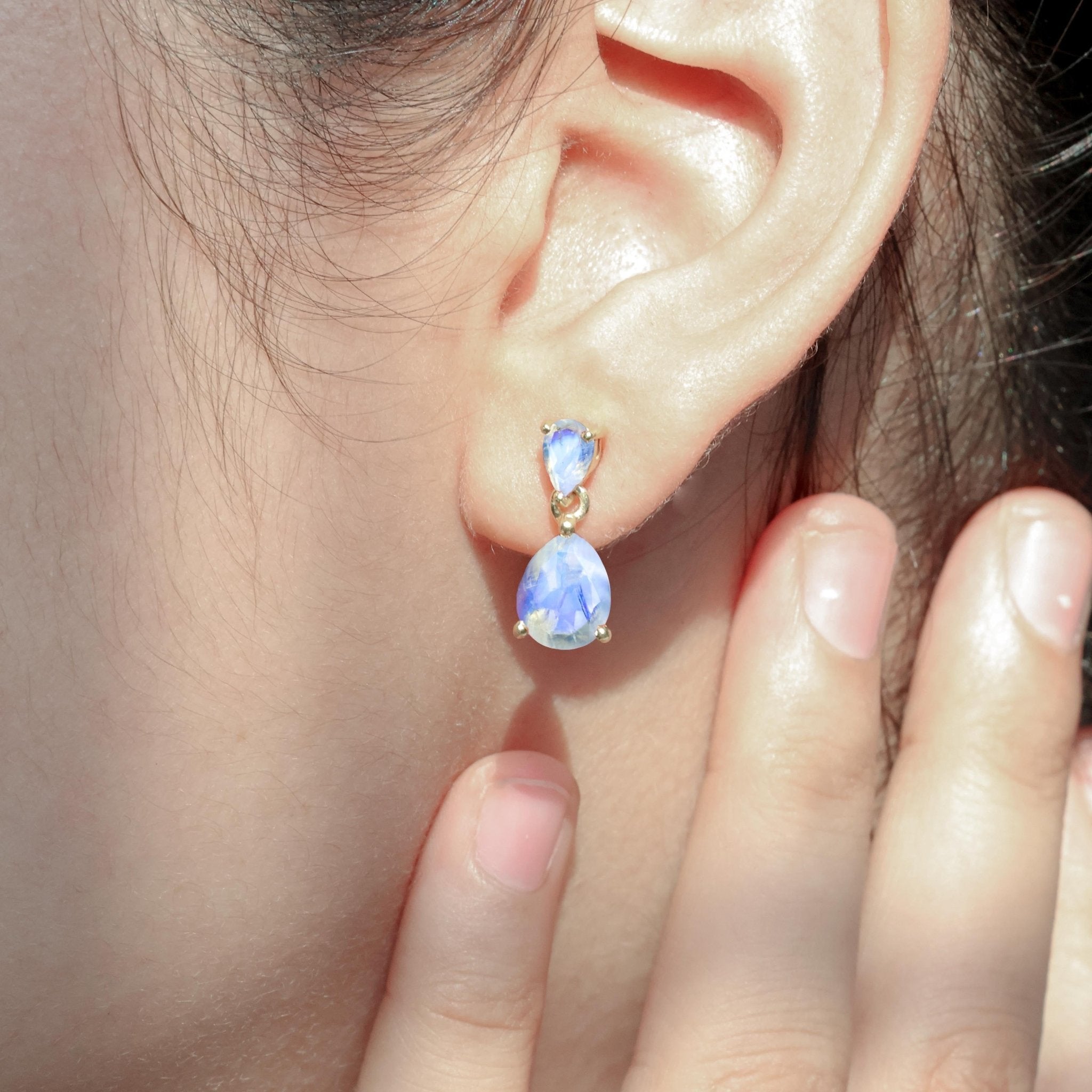 Rainbow Dual Moonstone Pear Drop Stud Earrings - Goodstone Jewels