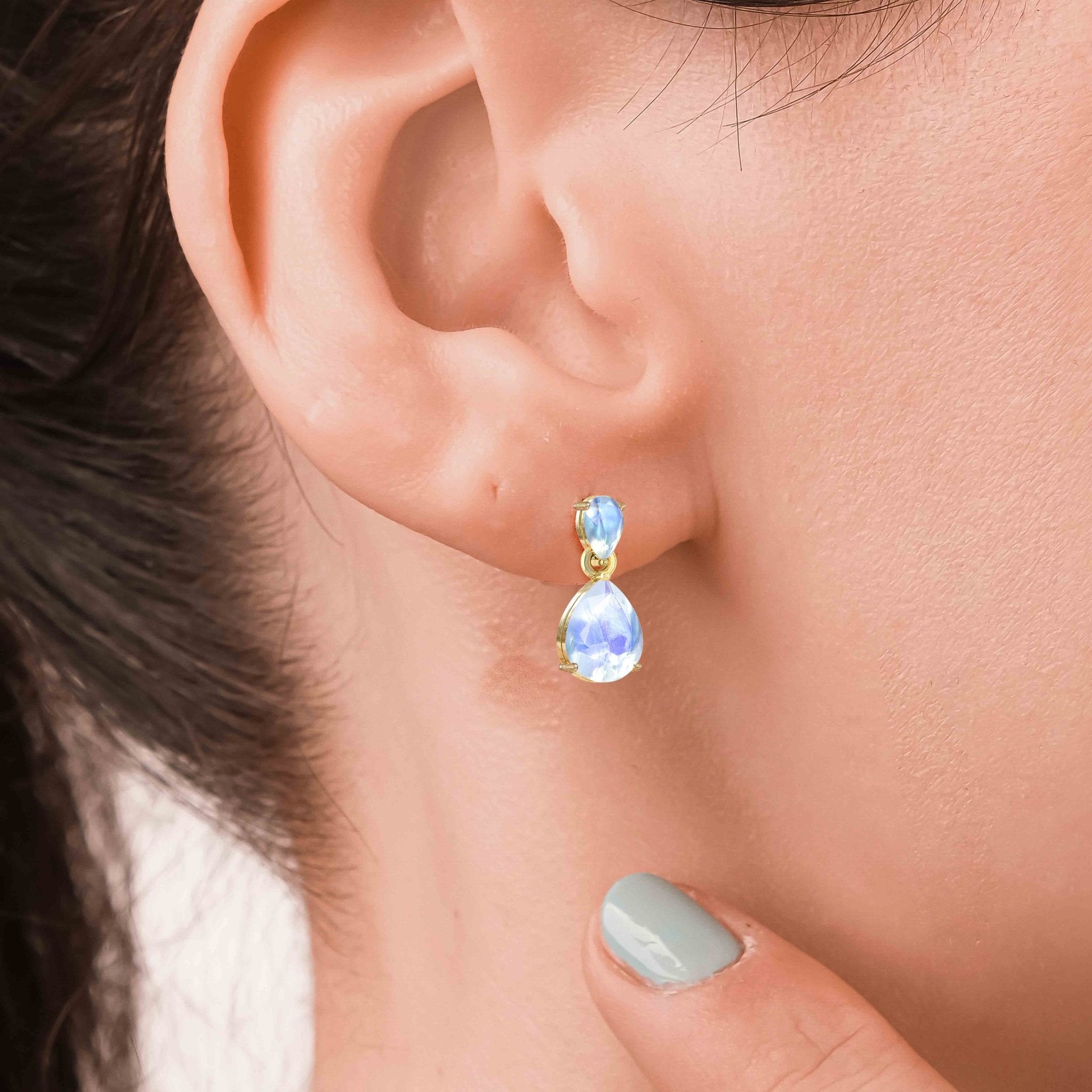 Rainbow Dual Moonstone Pear Drop Stud Earrings - Goodstone Jewels