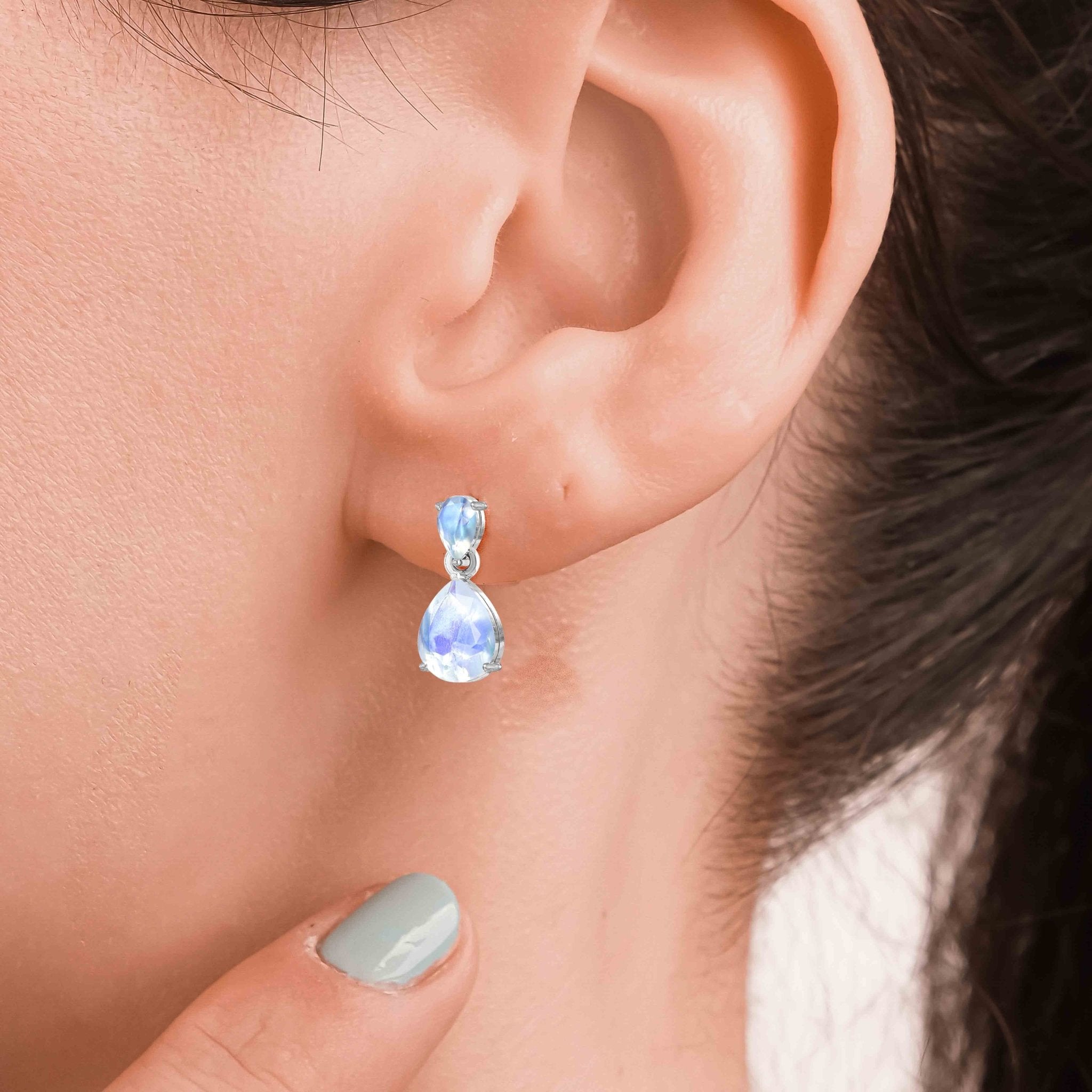 Rainbow Dual Moonstone Pear Drop Stud Earrings - Goodstone Jewels