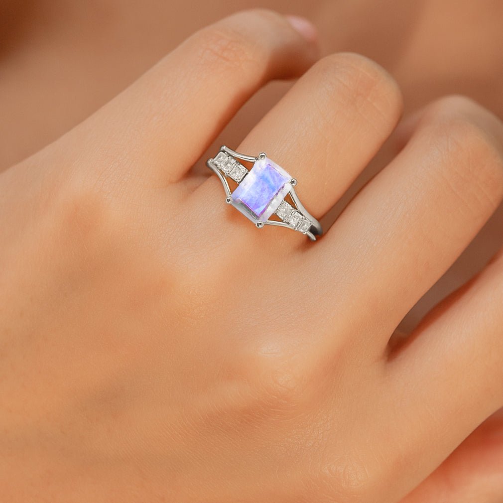 Rainbow Moonstone Octagon Gemstone Statement Ring - Goodstone Jewels