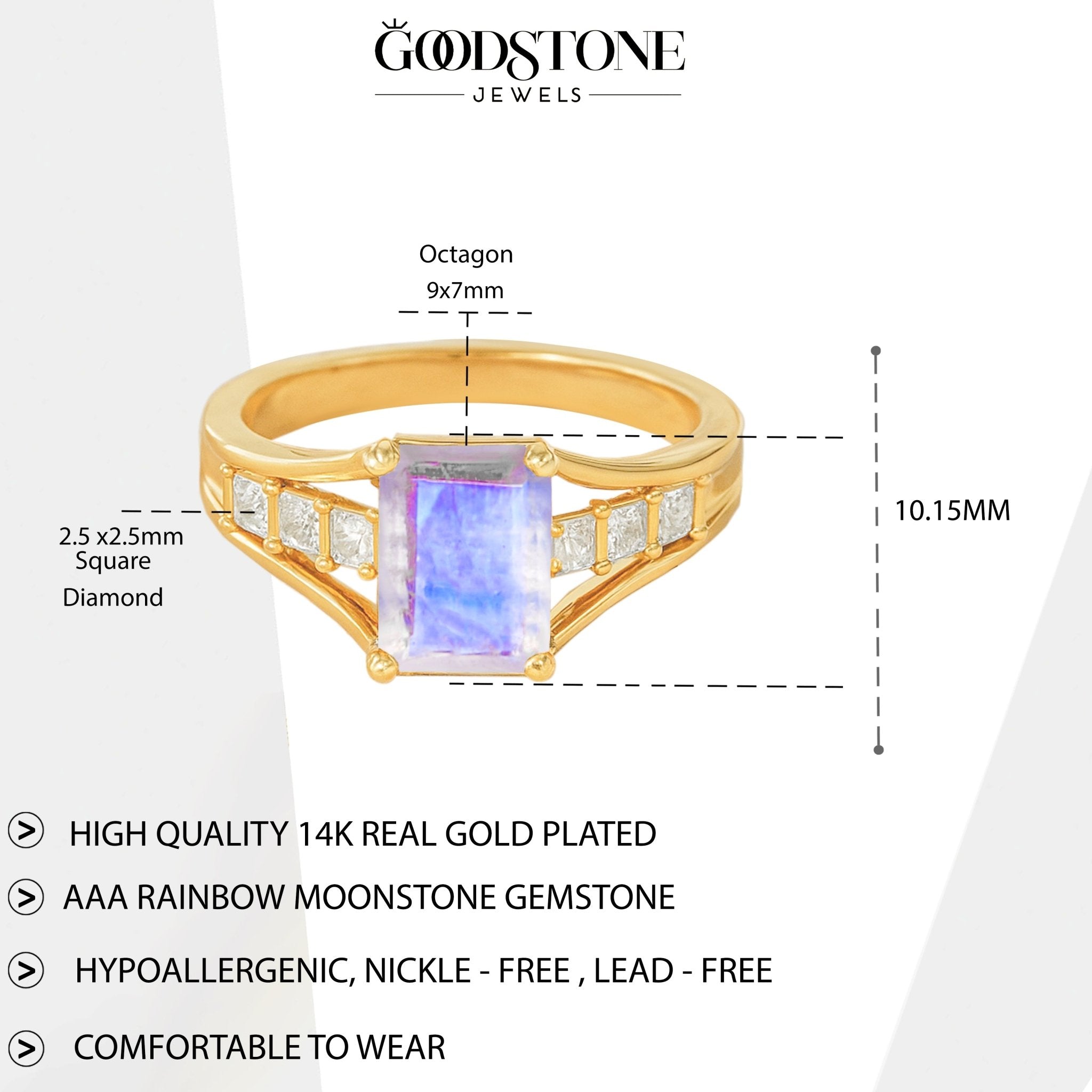 Rainbow Moonstone Octagon Gemstone Statement Ring - Goodstone Jewels