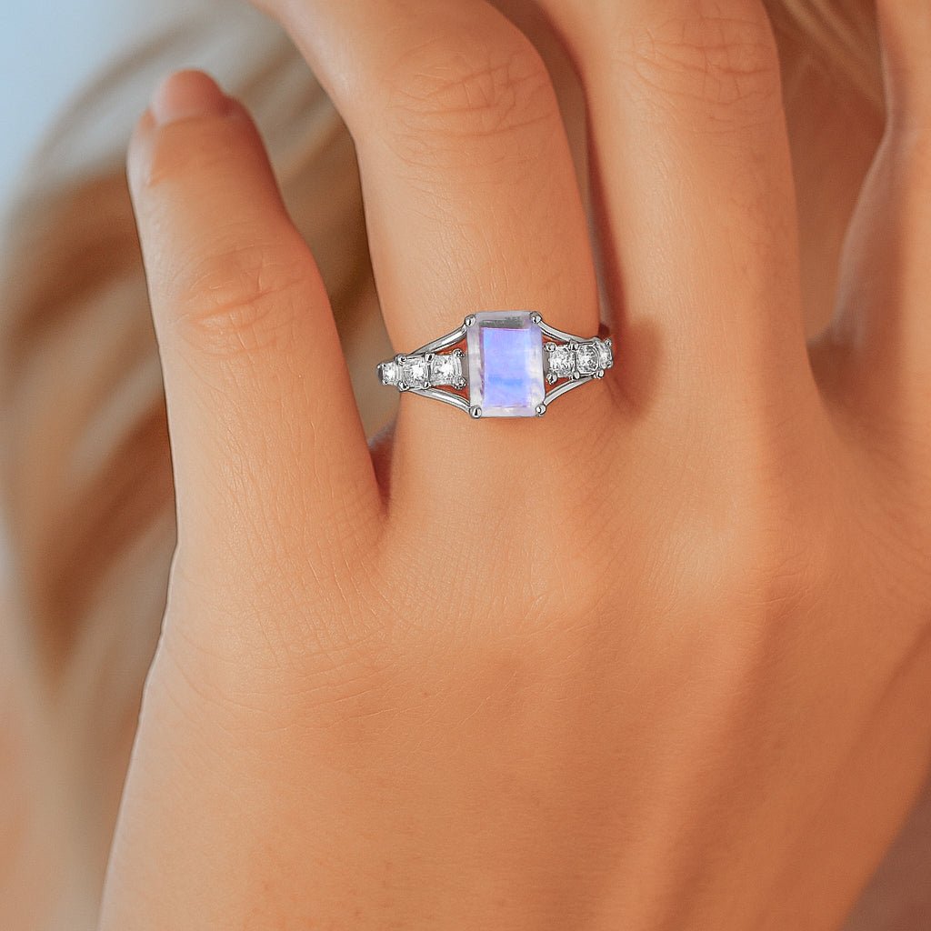 Rainbow Moonstone Octagon Gemstone Statement Ring - Goodstone Jewels