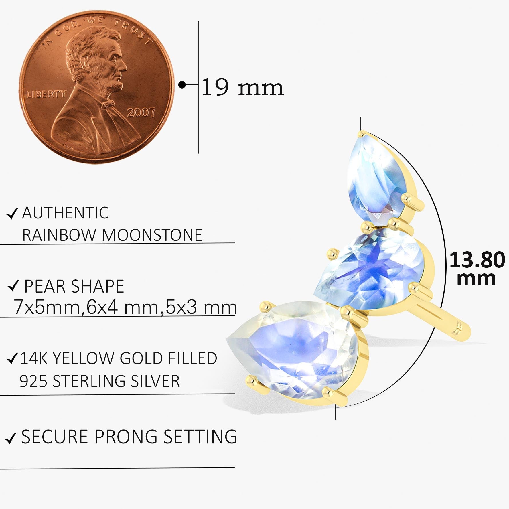 Rainbow Moonstone Pear Horn Style Stud Earrings - Goodstone Jewels