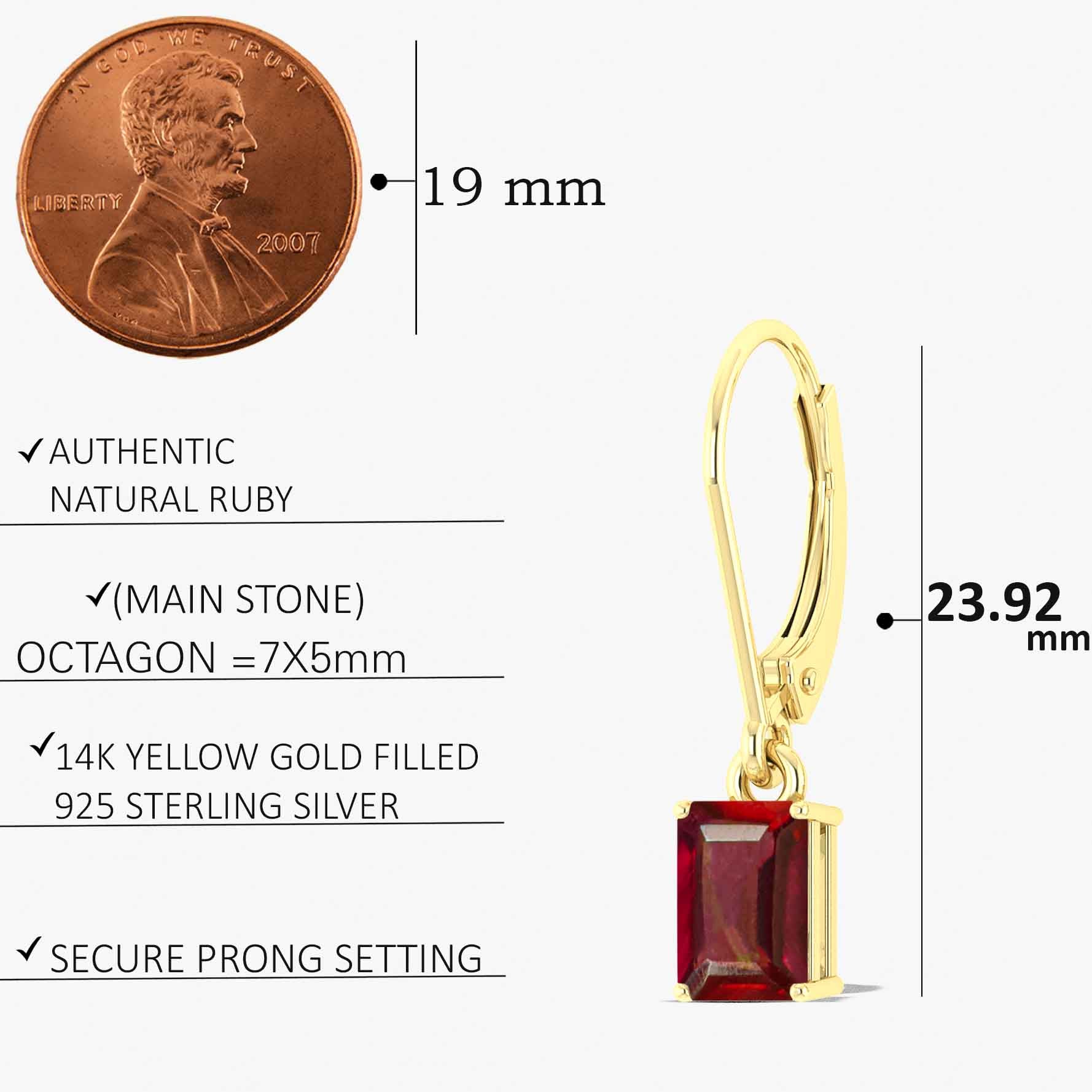 Red Ruby Octagon Stone Drop Dangle Earrings - Goodstone Jewels