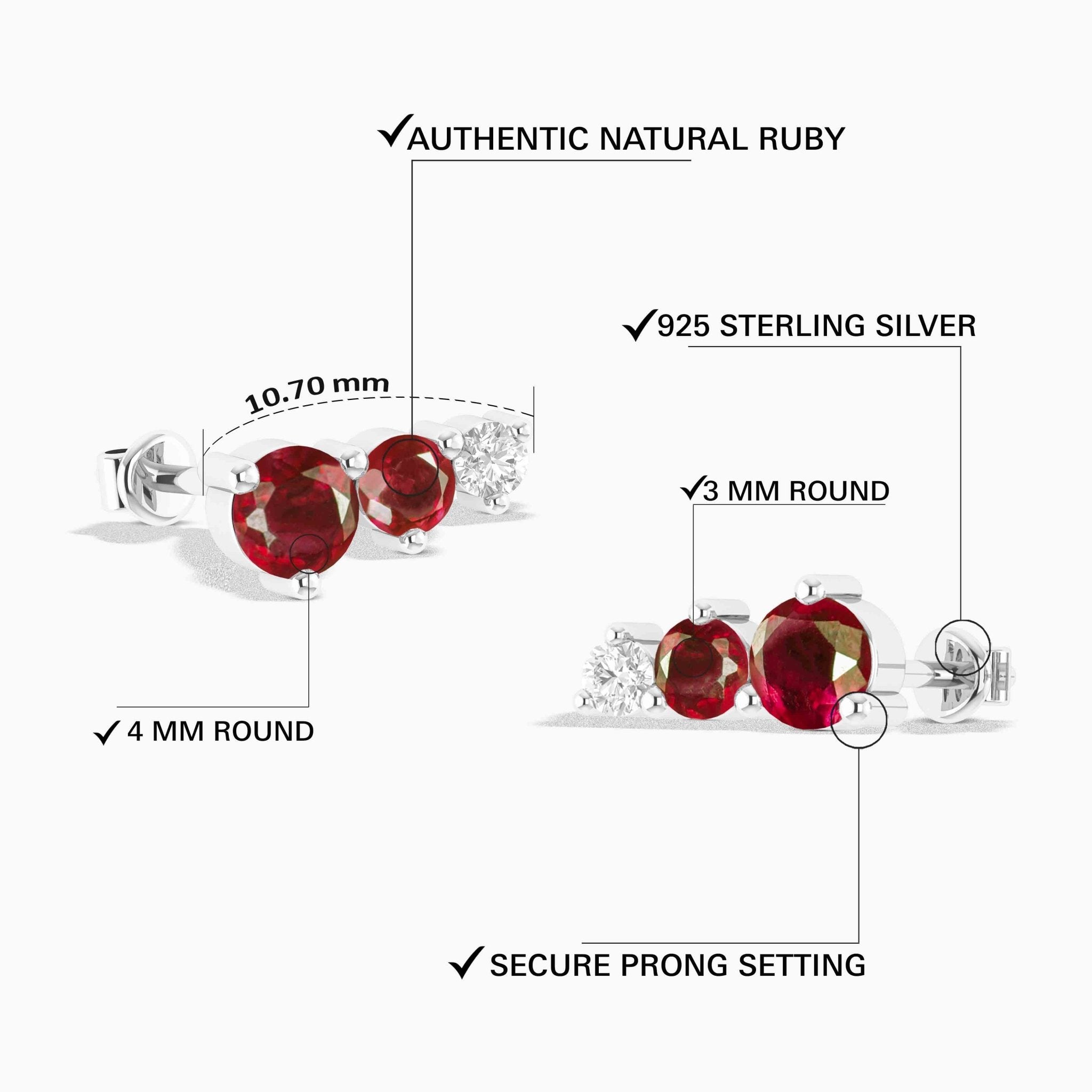 Red Ruby Three Round Gemstone Stud Earring - Goodstone Jewels
