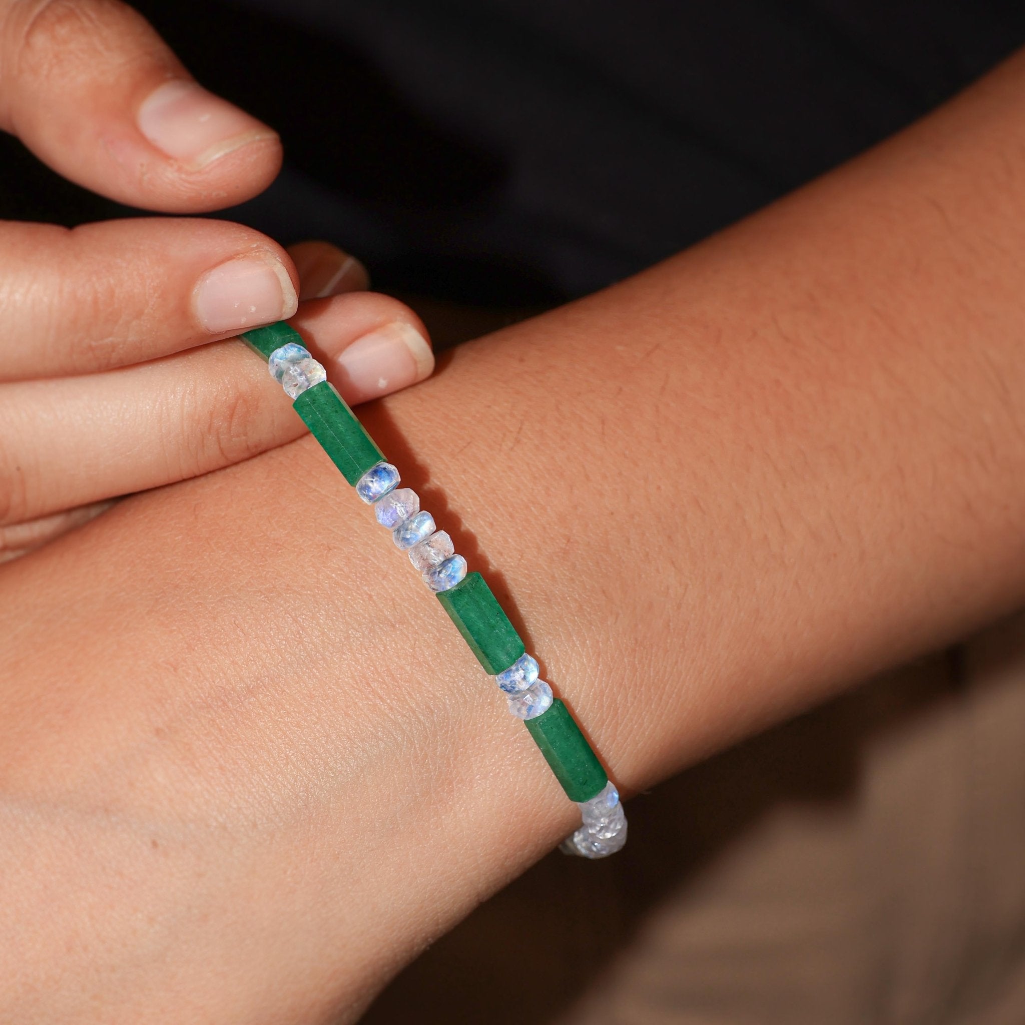 Rondelle Natural Emerald & Moonstone Pencil Beaded Bracelet - Goodstone Jewels