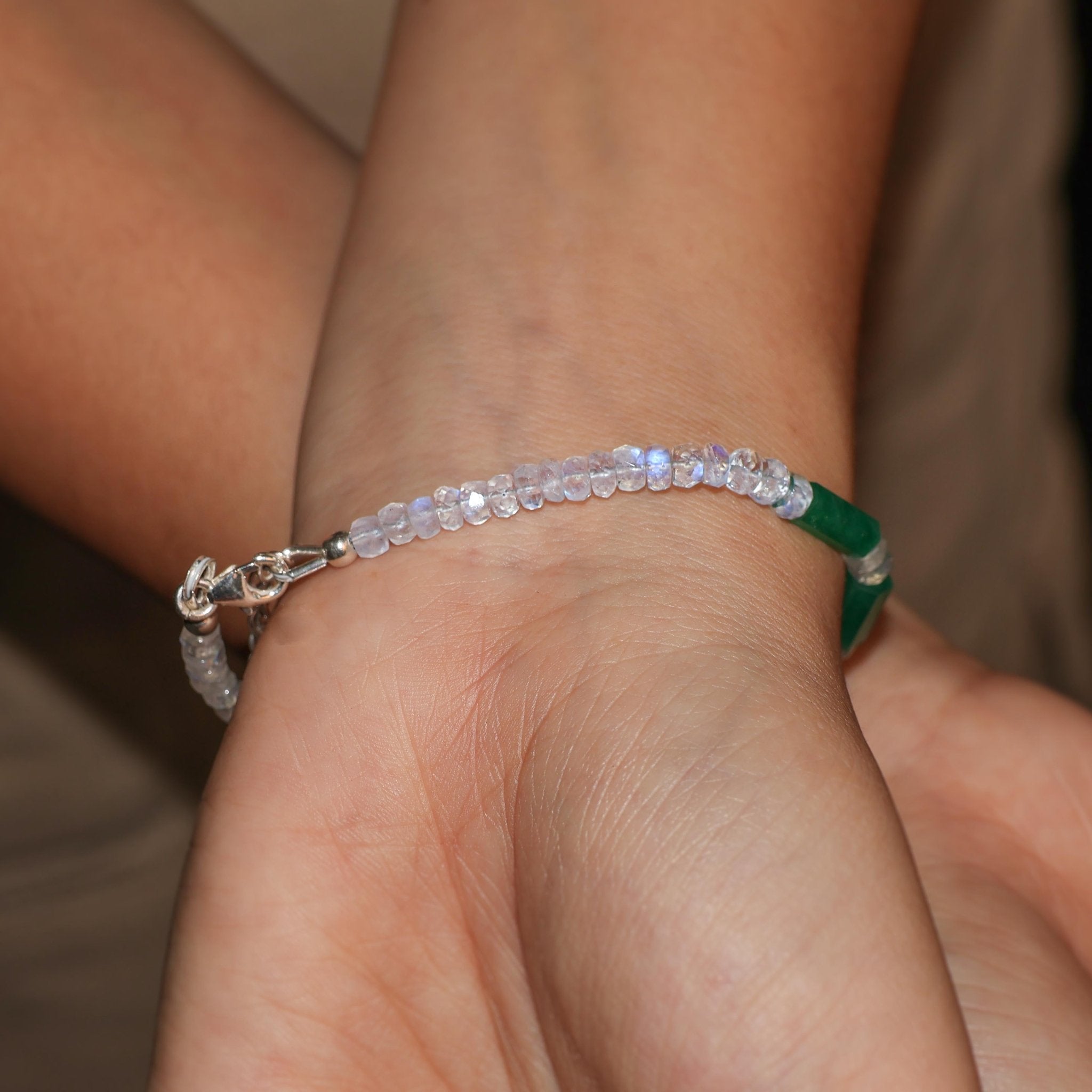 Rondelle Natural Emerald & Moonstone Pencil Beaded Bracelet - Goodstone Jewels
