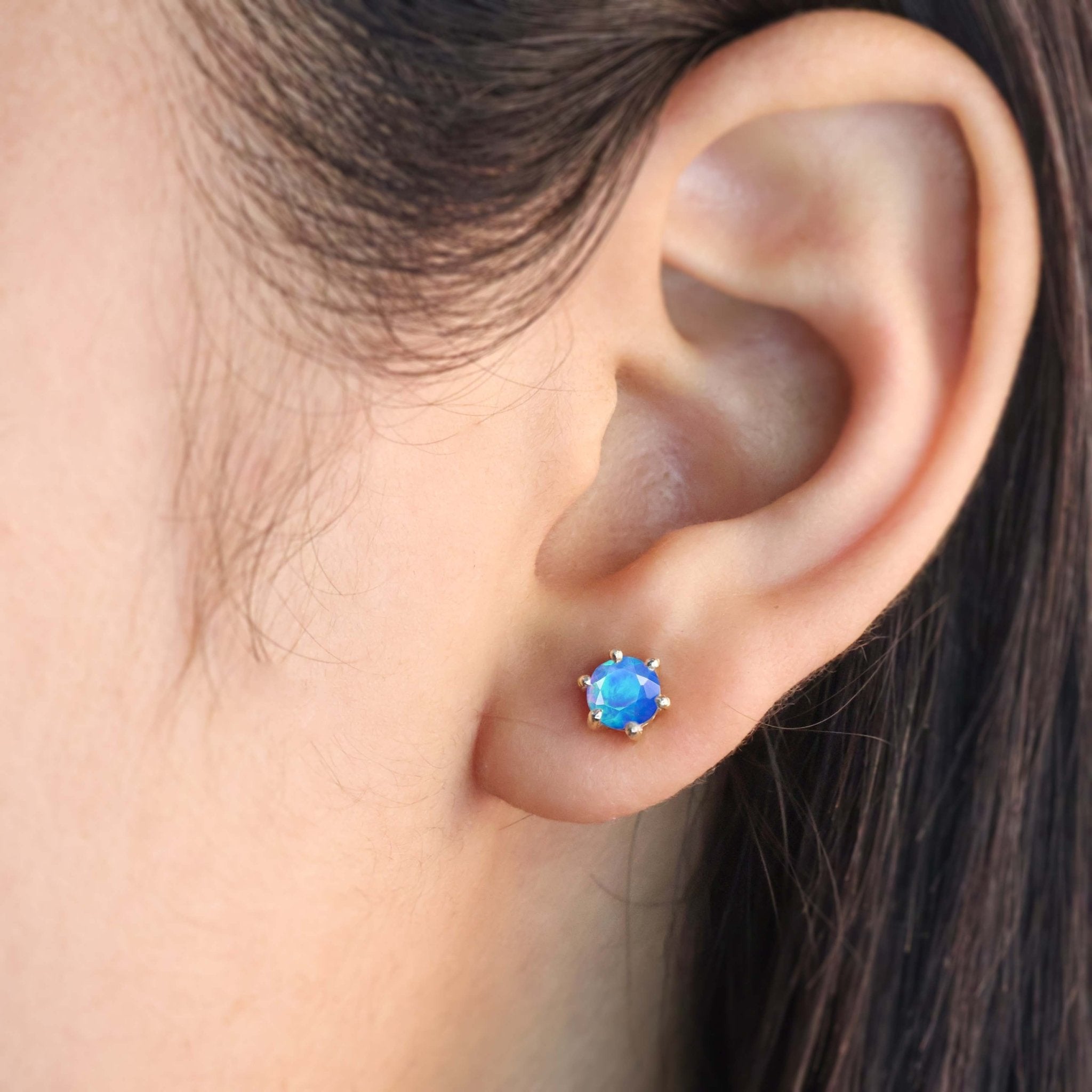 Round Blue Opal Gemstone Simple Stud Earring - Goodstone Jewels