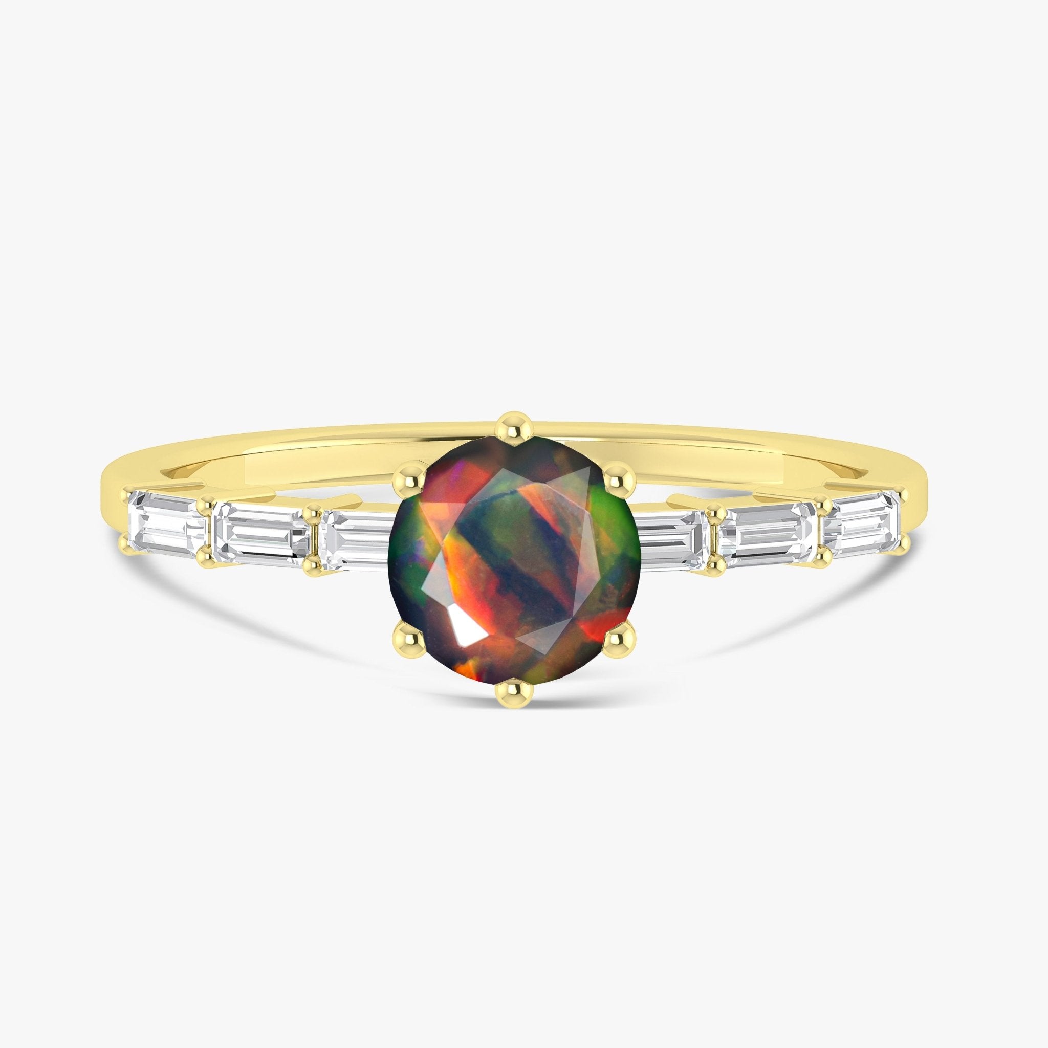 Round Shape Natural Black Opal Ring with White Zircon Side Stone - Goodstone Jewels
