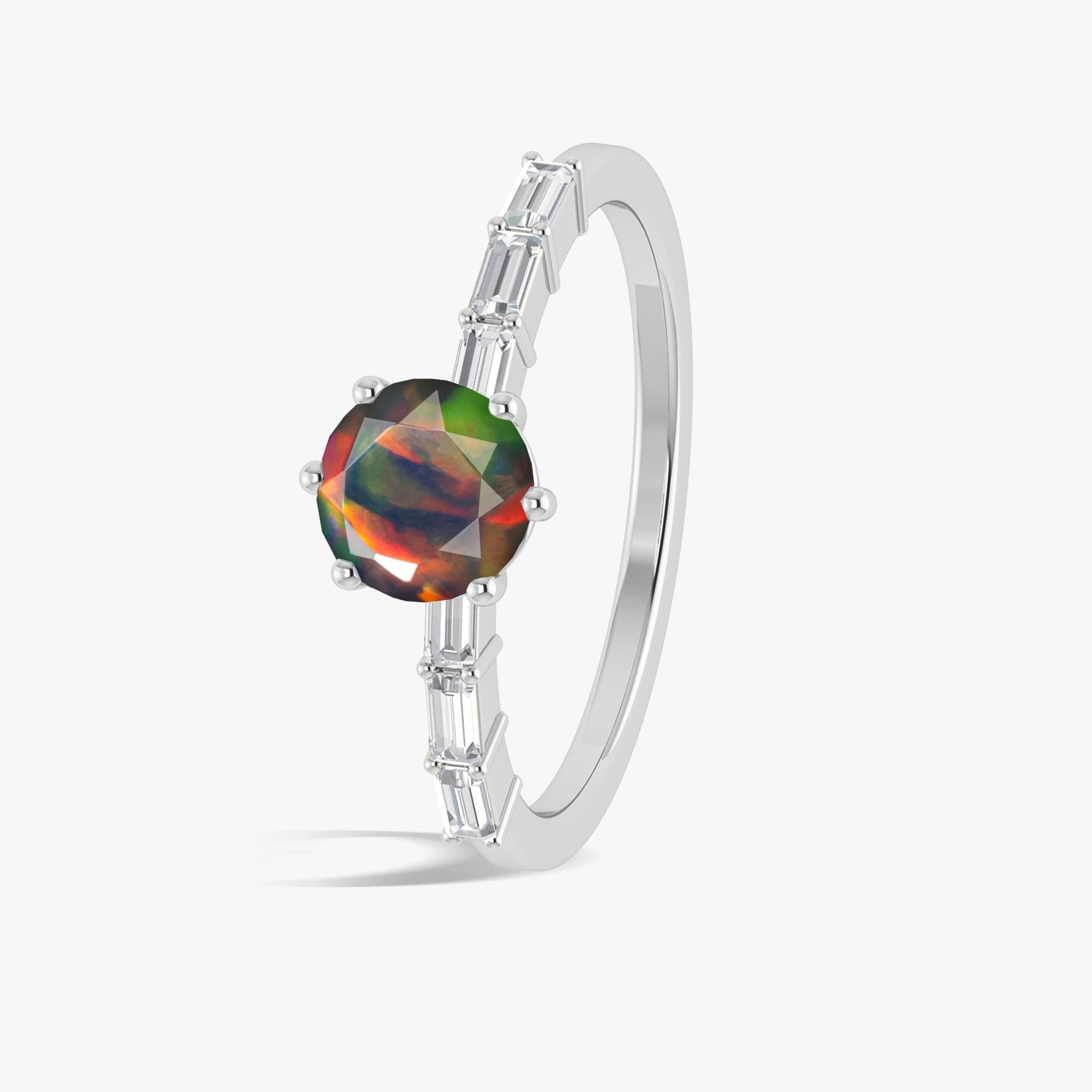 Round Shape Natural Black Opal Ring with White Zircon Side Stone - Goodstone Jewels